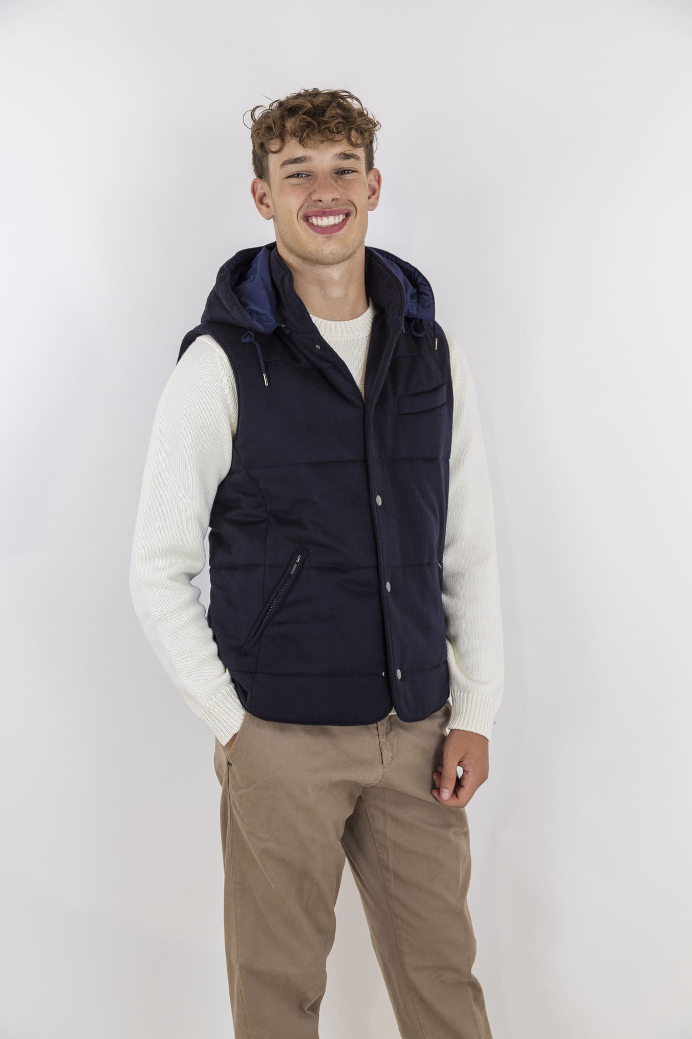 GUARINO Gilet di Lana con Cappuccio Staccabile Blu