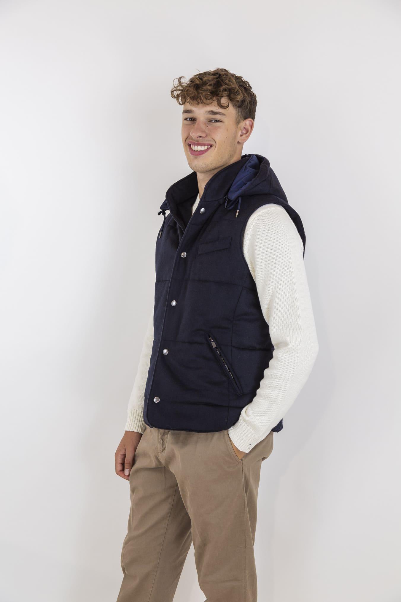 GUARINO Gilet di Lana con Cappuccio Staccabile Blu