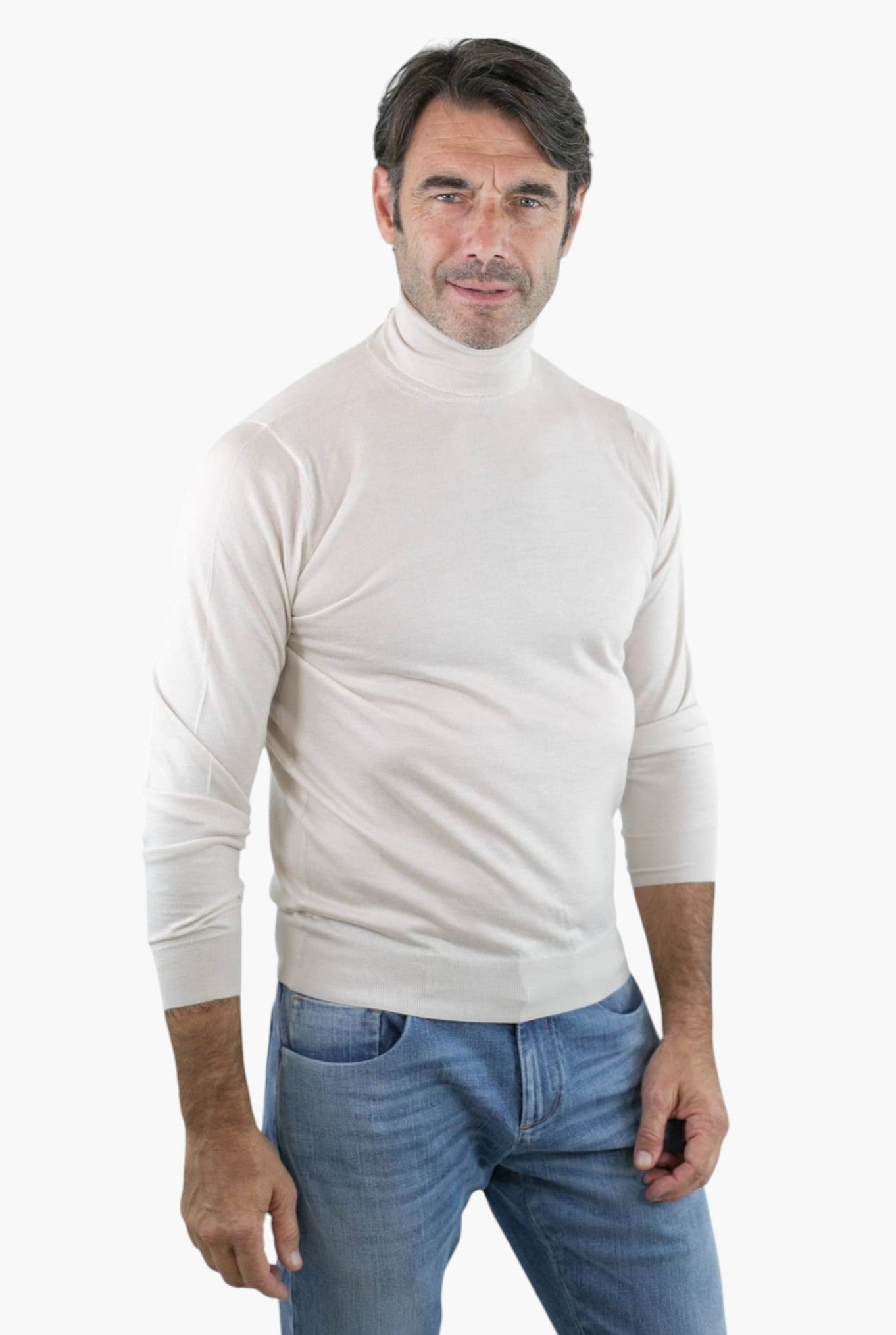 Cashmere and Silk Combed Turtleneck Cream White