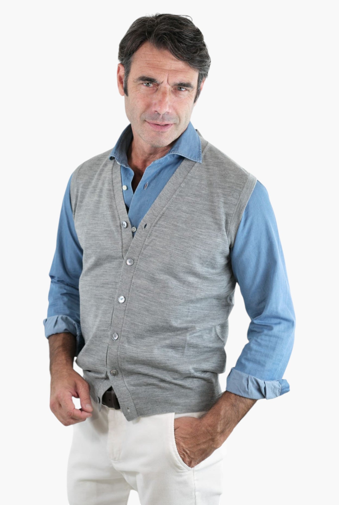 GUARINO Gilet con Bottoni Merino Extrafine Grigio Chiaro