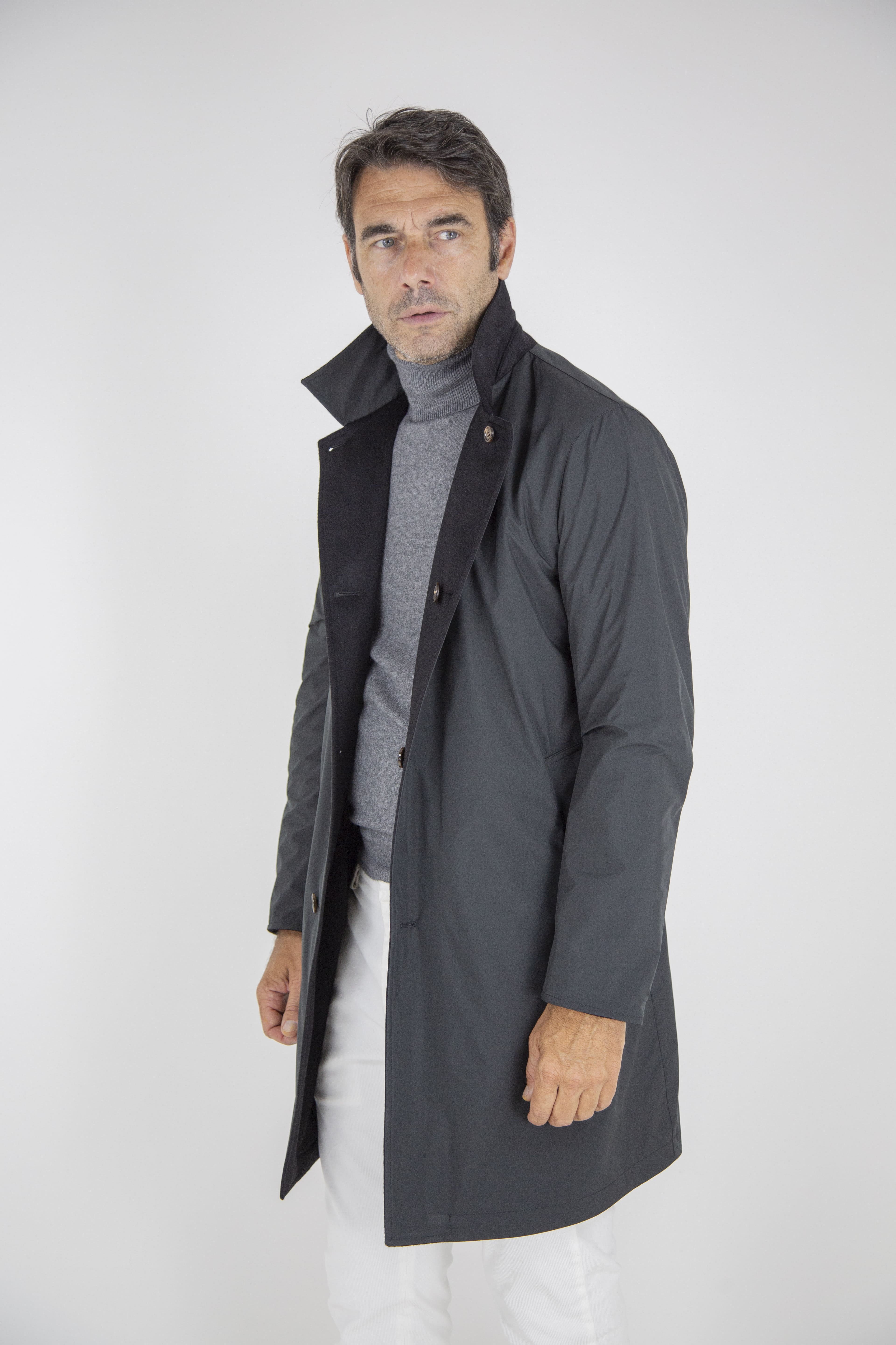 Reversible Cashmere and Nylon Black Coat