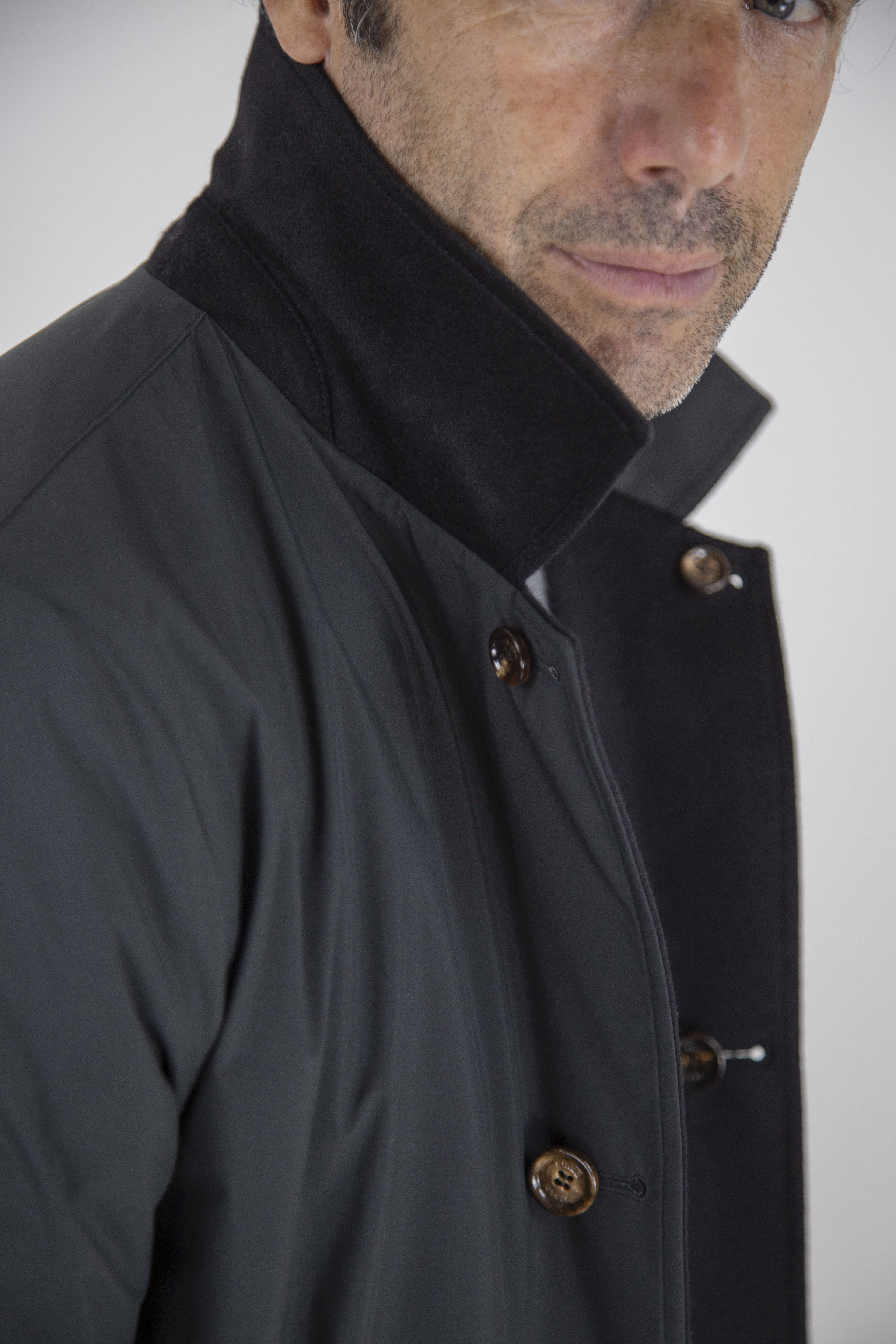 Reversible Cashmere and Nylon Black Coat