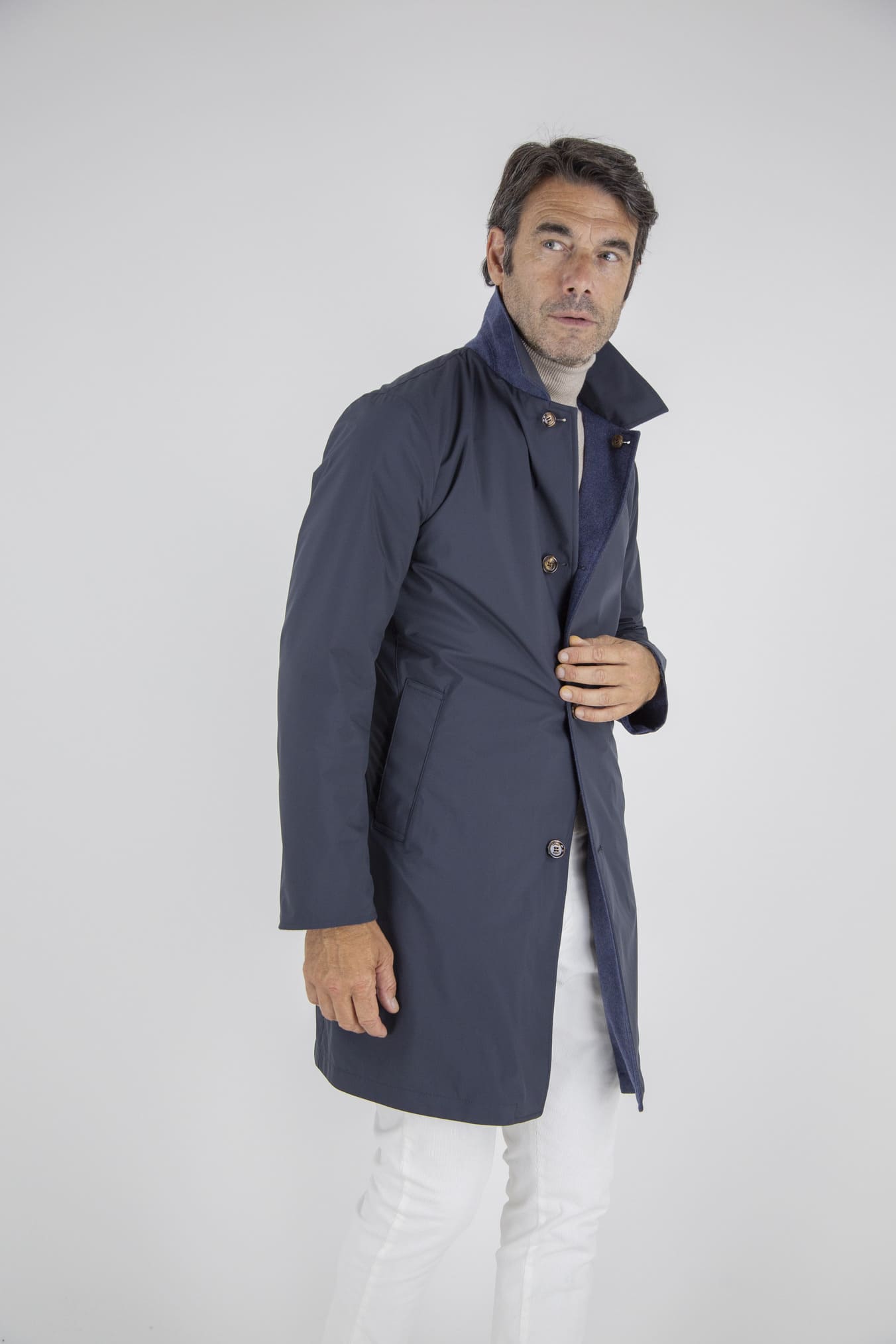 KIRED Cappotto Reversibile Cashmere e Nylon Blu/Blu Mélange