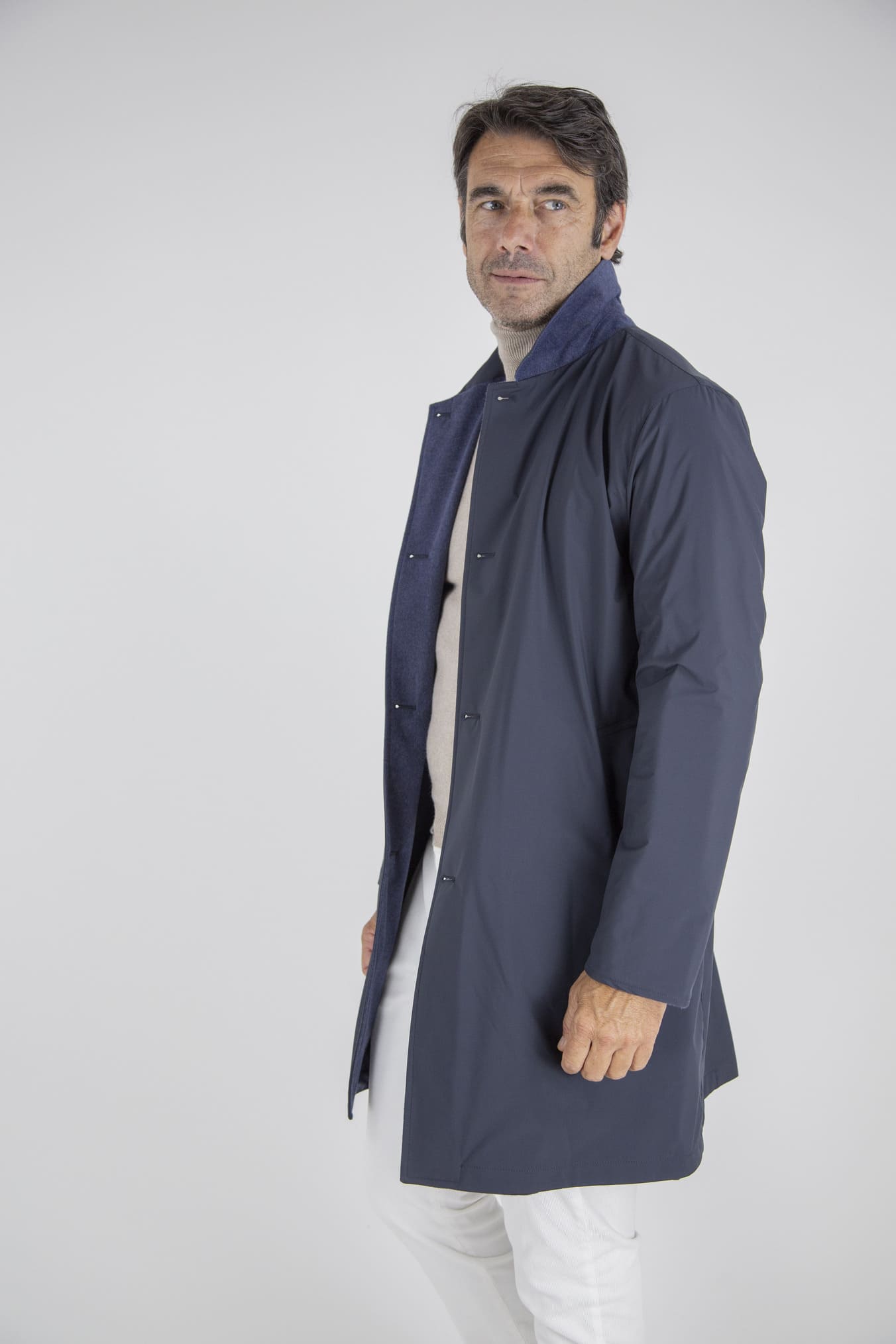 KIRED Cappotto Reversibile Cashmere e Nylon Blu/Blu Mélange