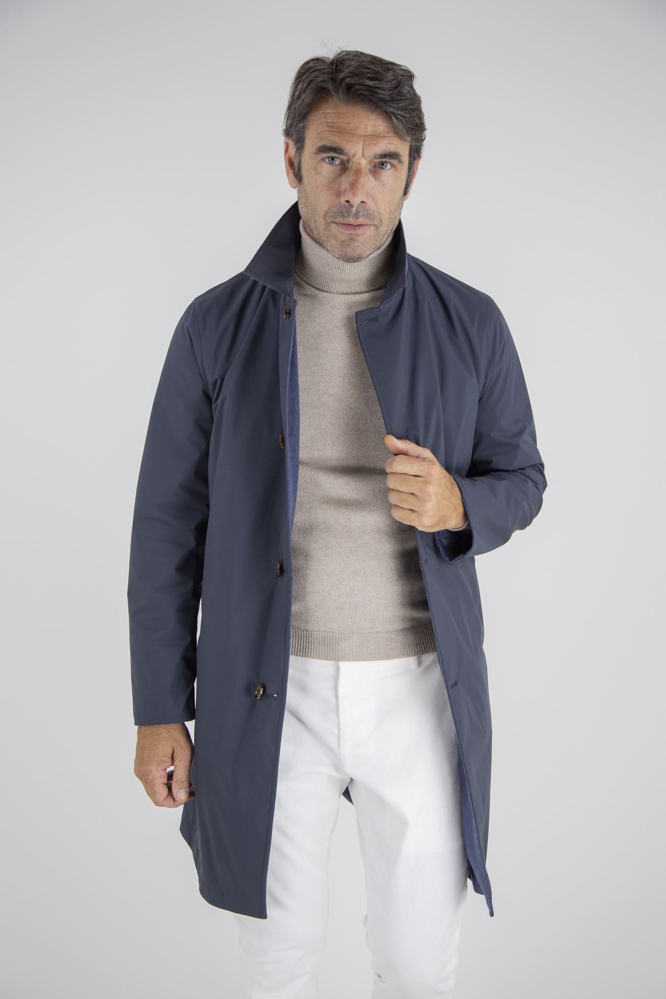 KIRED Cappotto Reversibile Cashmere e Nylon Blu/Blu Mélange