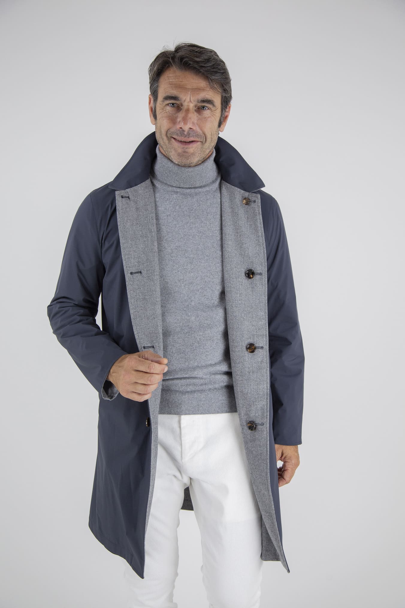 KIRED Cappotto Reversibile Lana Nylon Blu Spigato Grigio