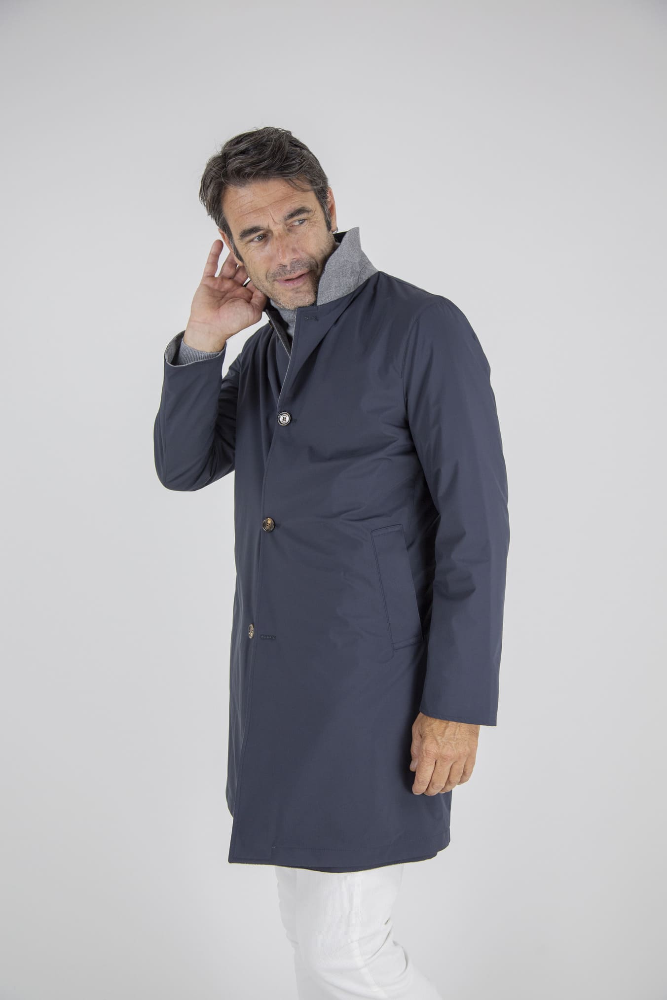 KIRED Cappotto Reversibile Lana Nylon Blu Spigato Grigio