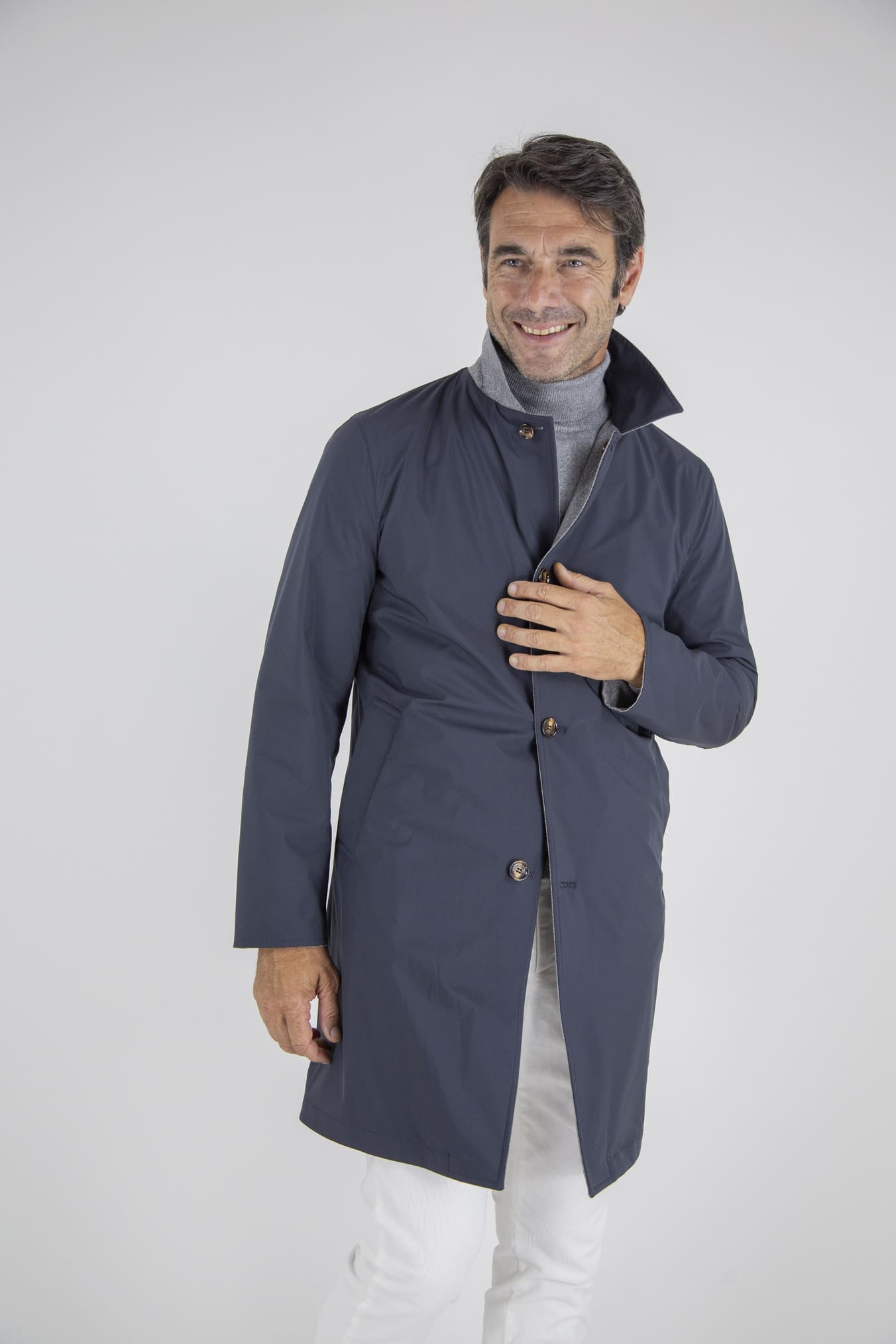 KIRED Cappotto Reversibile Lana Nylon Blu Spigato Grigio