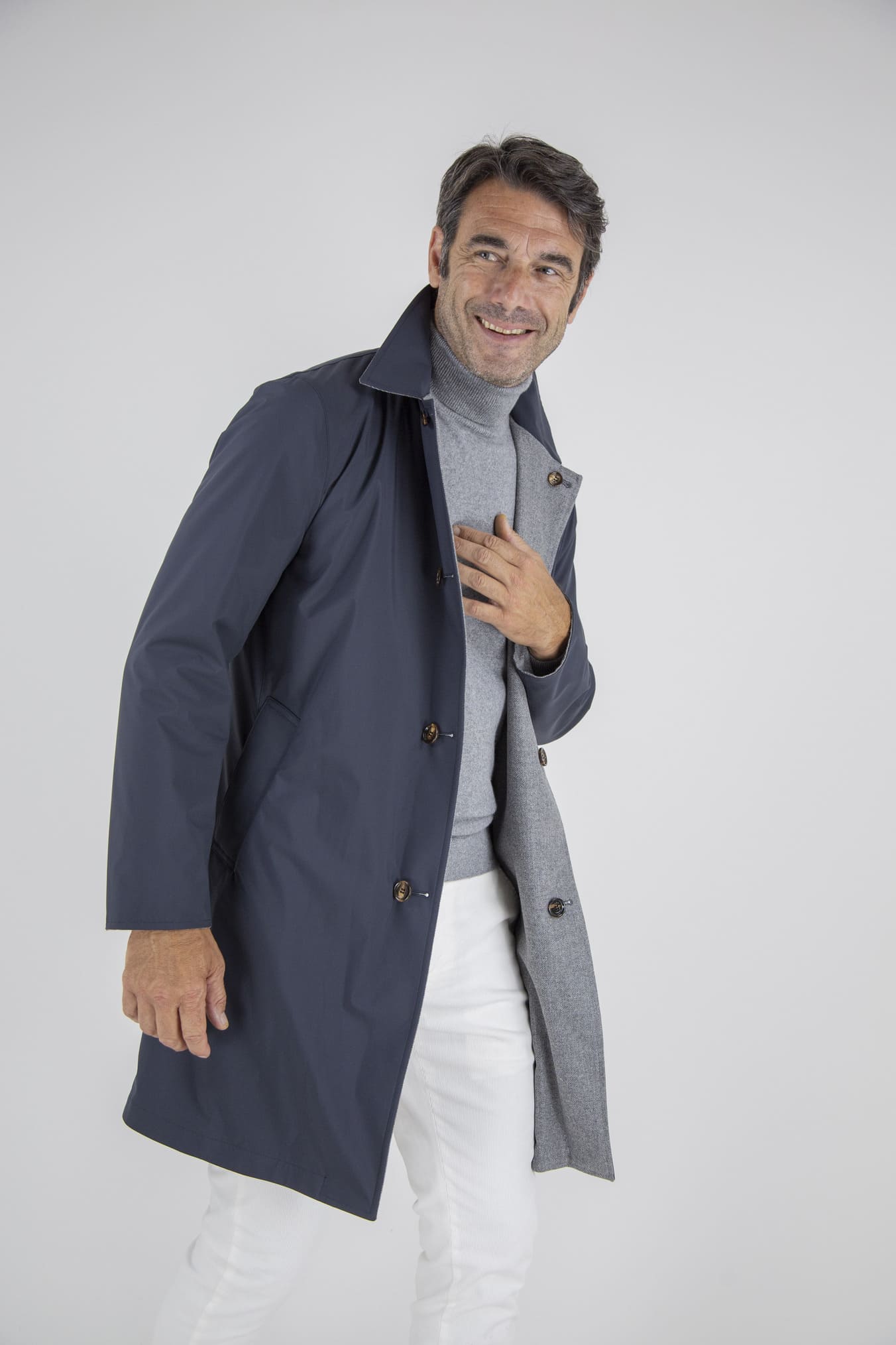 KIRED Cappotto Reversibile Lana Nylon Blu Spigato Grigio