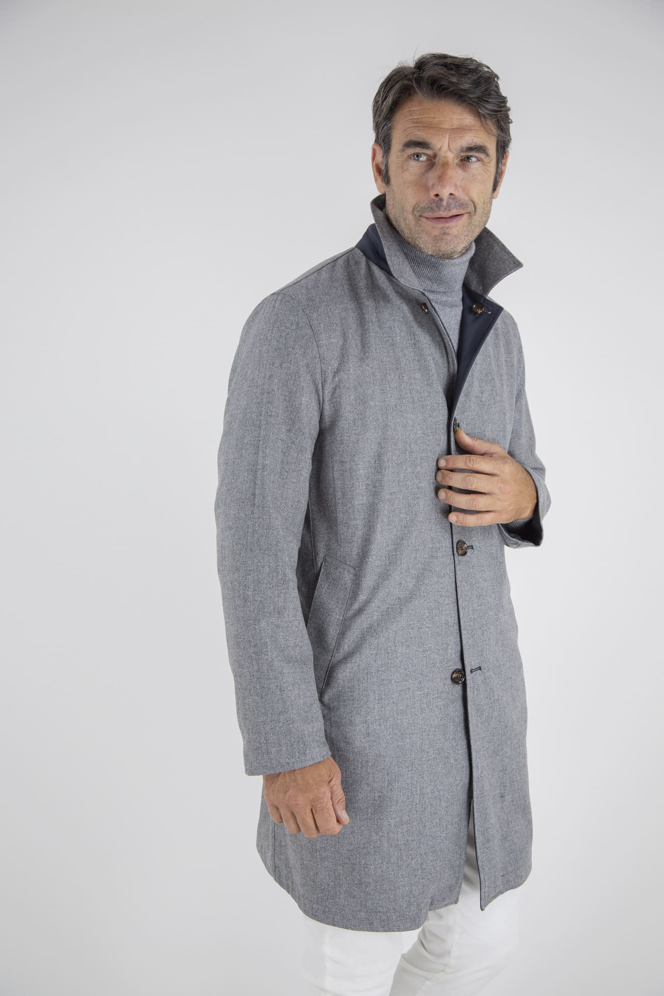 KIRED Cappotto Reversibile Lana Nylon Blu Spigato Grigio