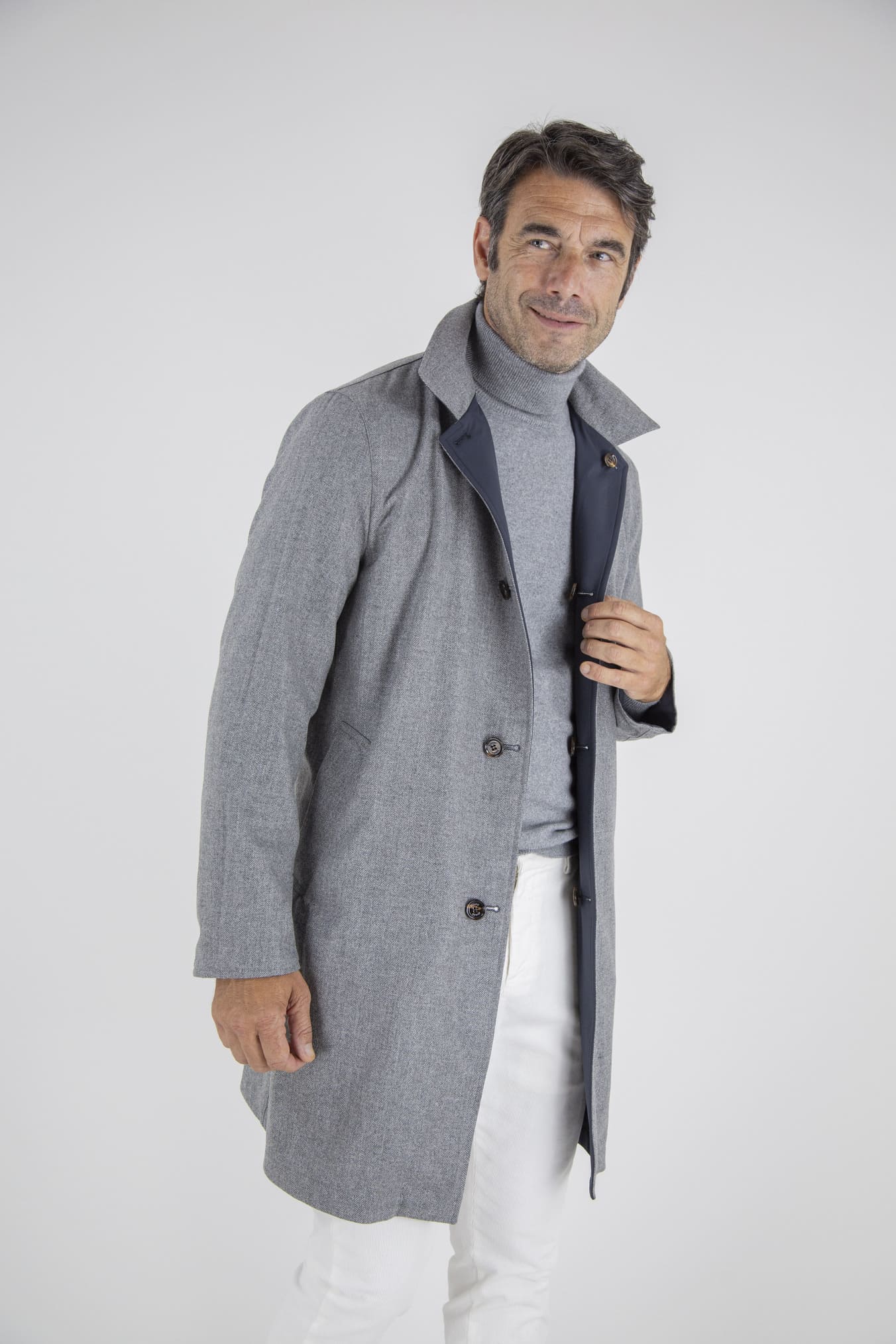 KIRED Cappotto Reversibile Lana Nylon Blu Spigato Grigio