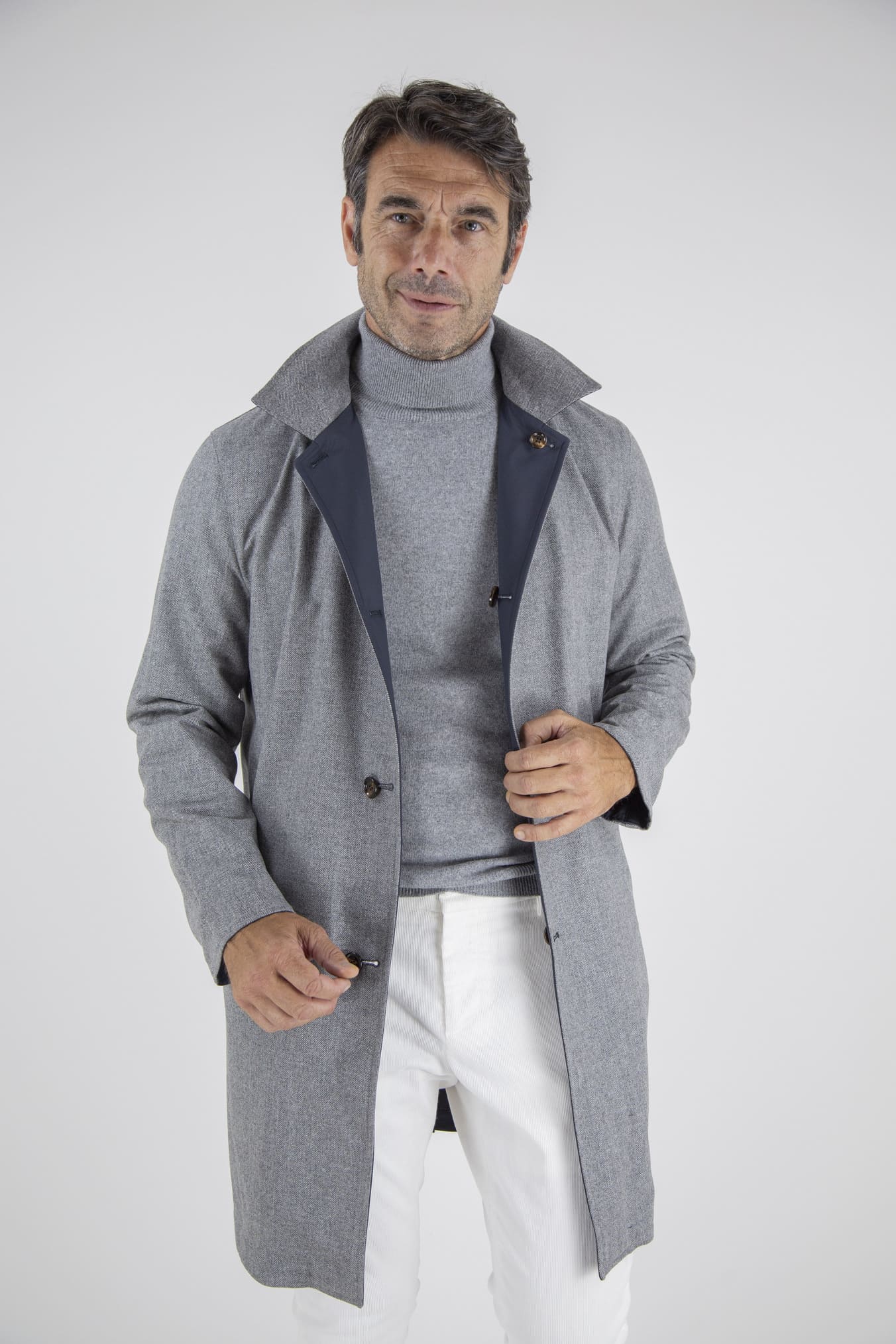 KIRED Cappotto Reversibile Lana Nylon Blu Spigato Grigio