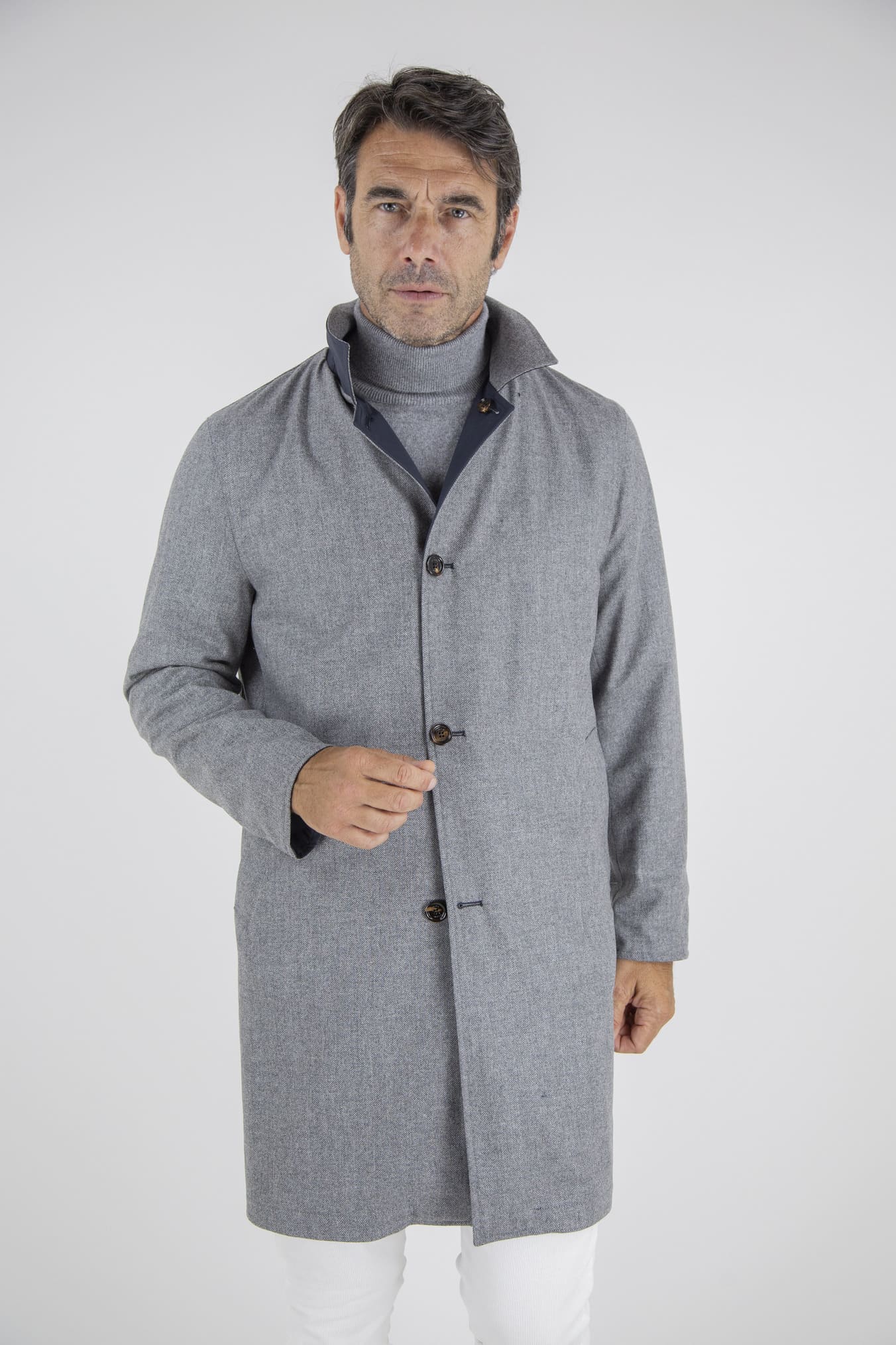 KIRED Cappotto Reversibile Lana Nylon Blu Spigato Grigio