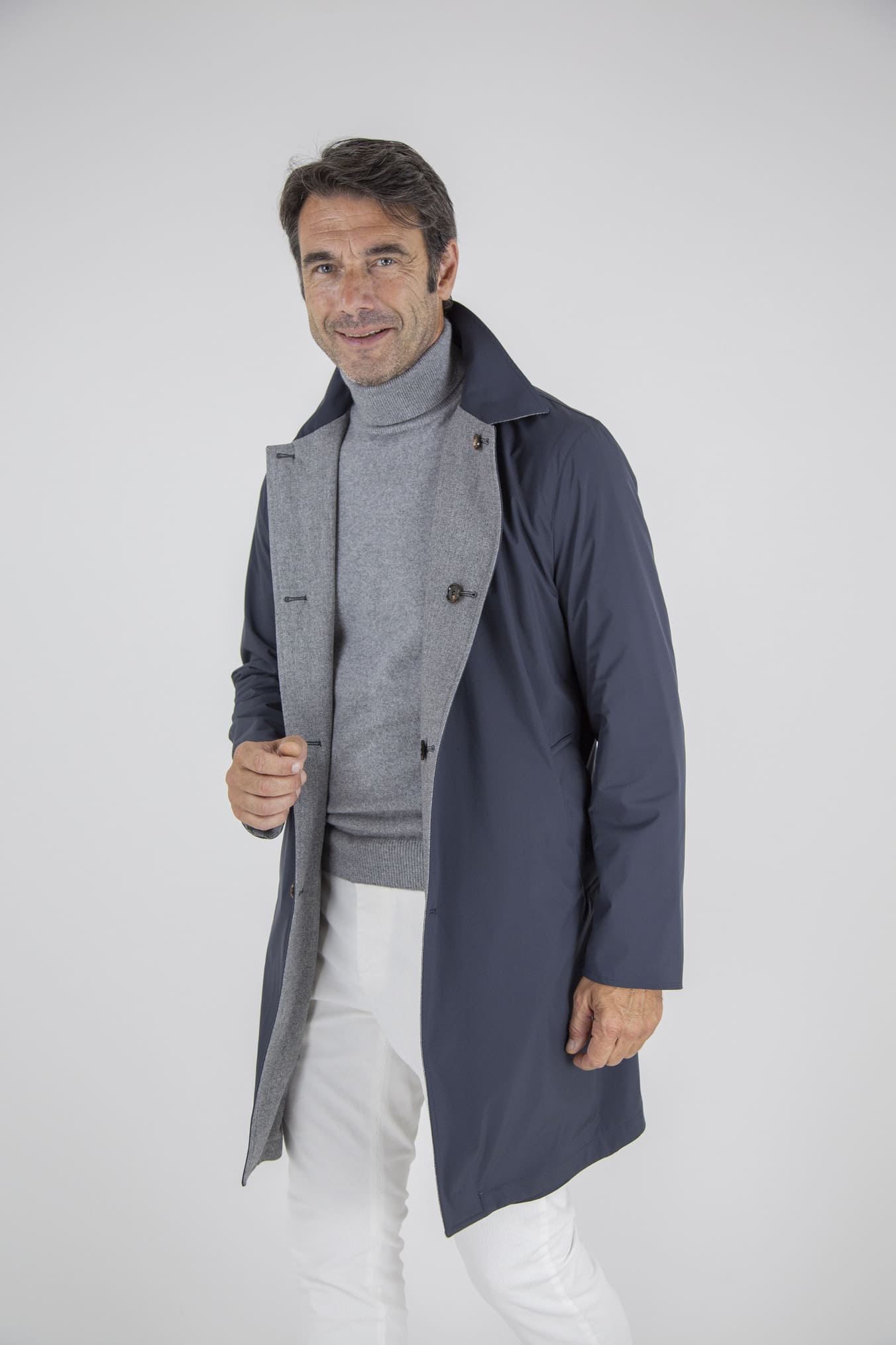 KIRED Cappotto Reversibile Lana Nylon Blu Spigato Grigio