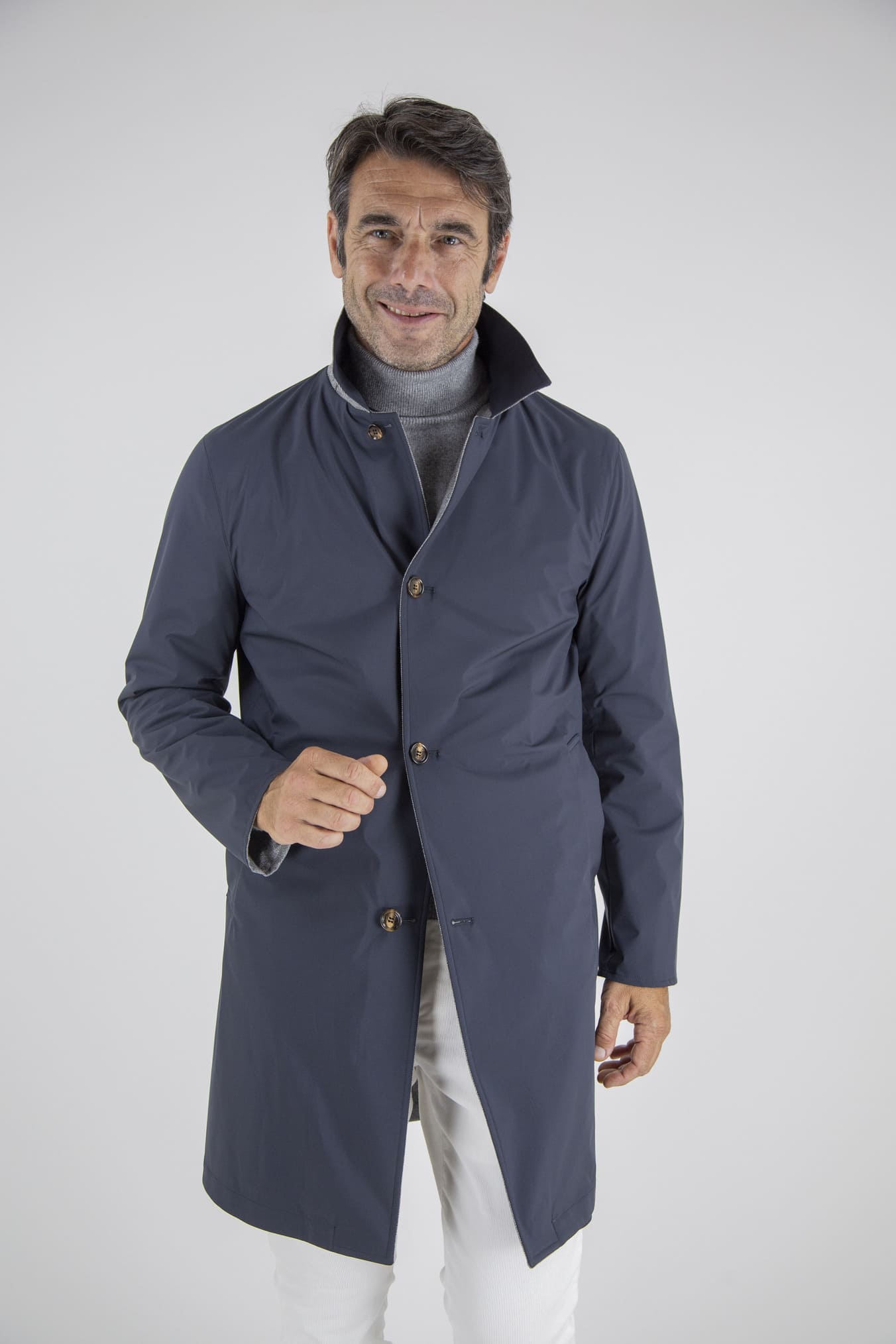 KIRED Cappotto Reversibile Lana Nylon Blu Spigato Grigio