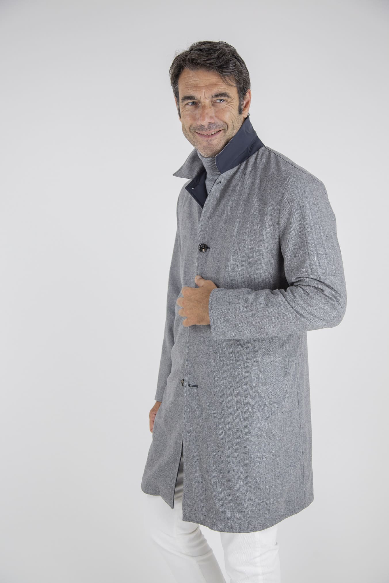 KIRED Cappotto Reversibile Lana Nylon Blu Spigato Grigio