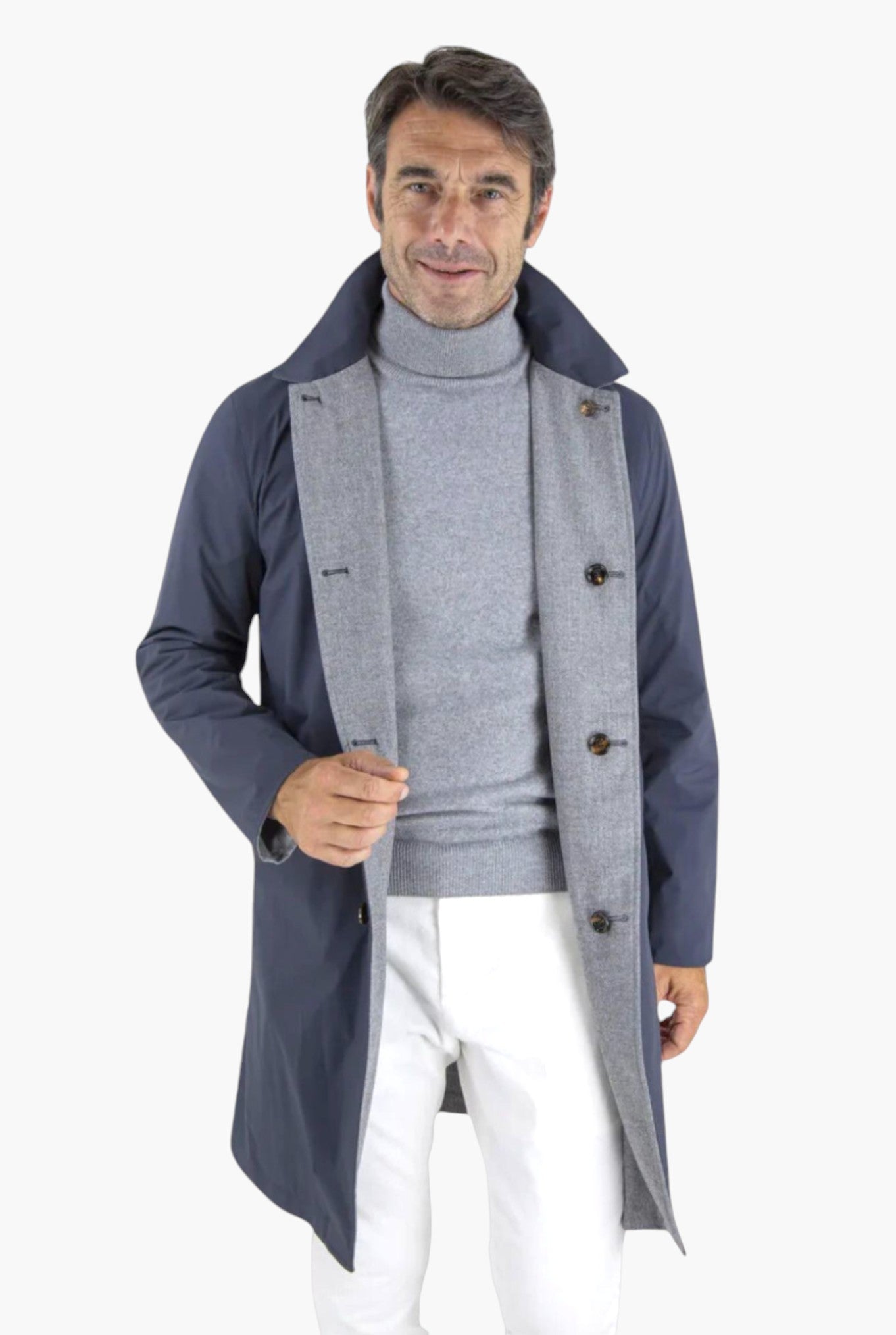 Cappotto Reversibile Lana Nylon Blu/Spigato Grigio