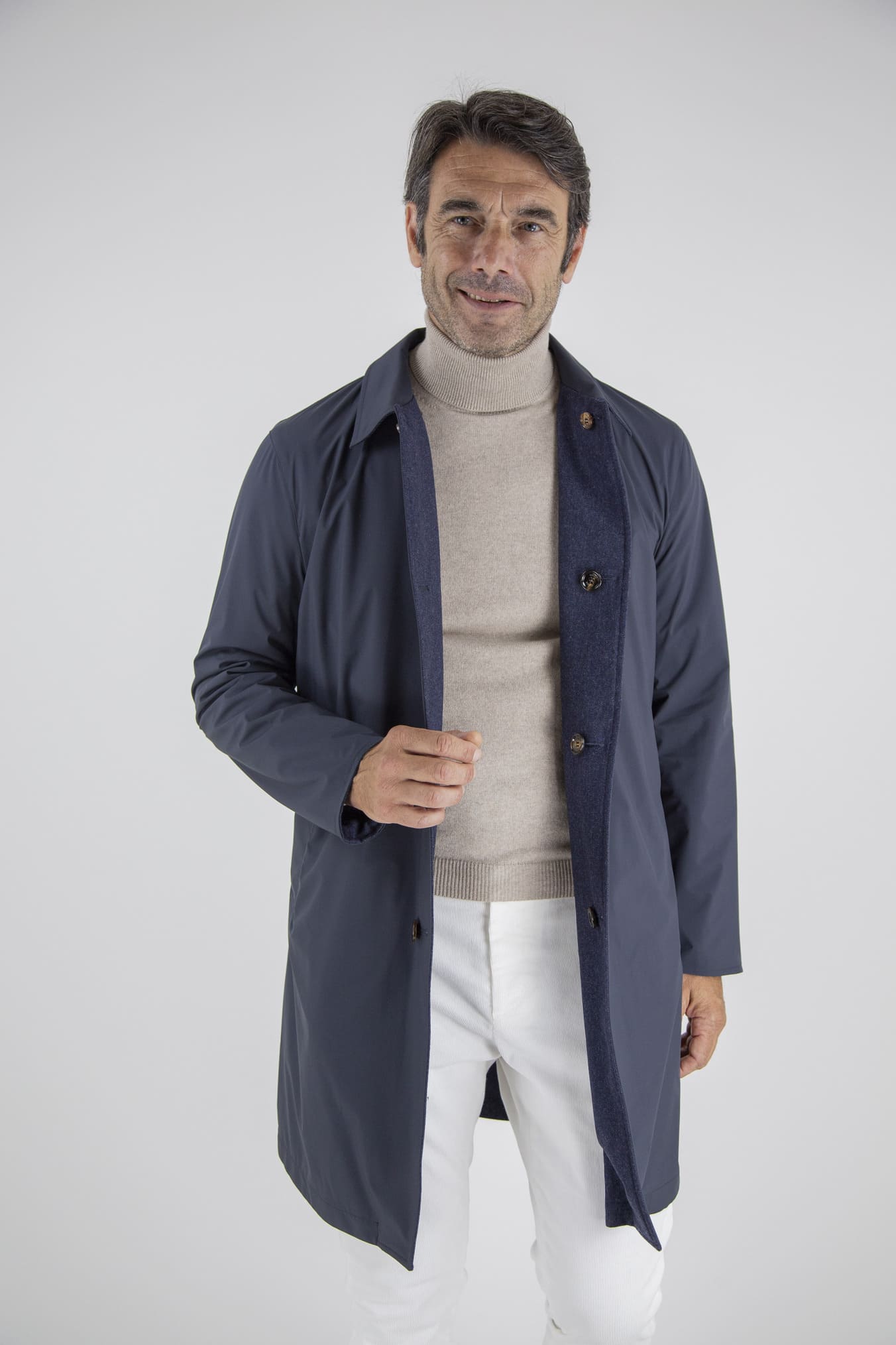 KIRED Cappotto Reversibile Lana Nylon Blu Spigato Grigio