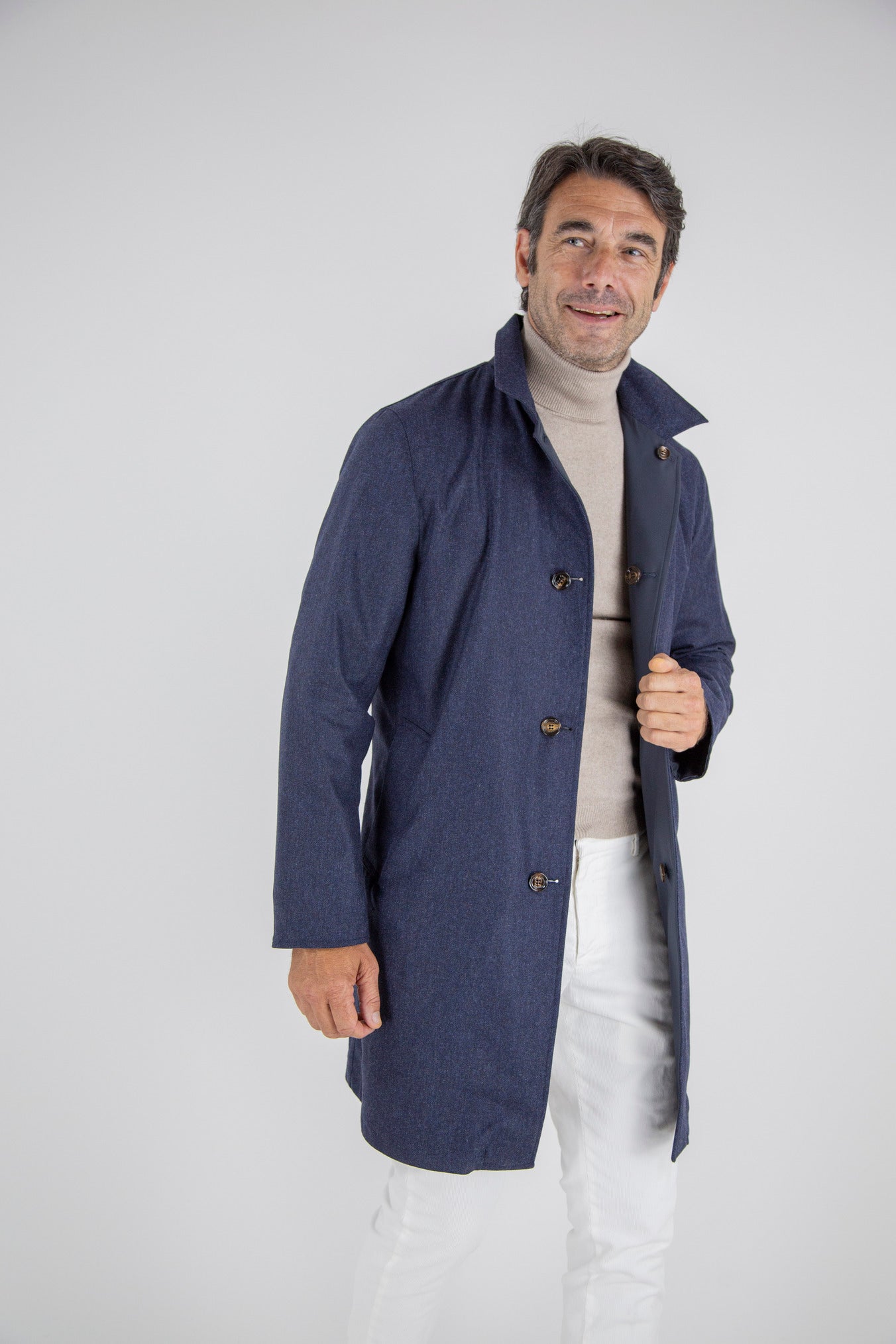 KIRED Cappotto Reversibile Lana Nylon Blu Spigato Grigio