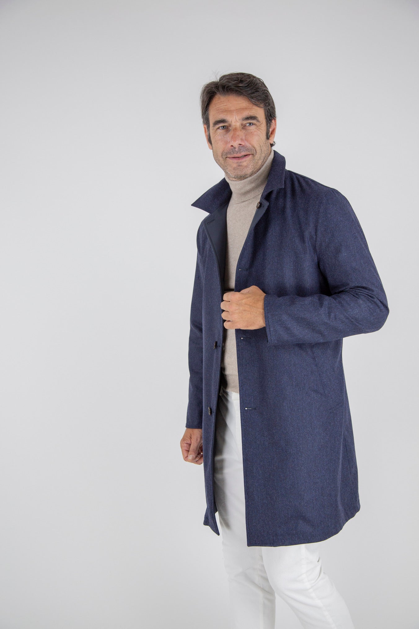 KIRED Cappotto Reversibile Lana Nylon Blu Spigato Grigio