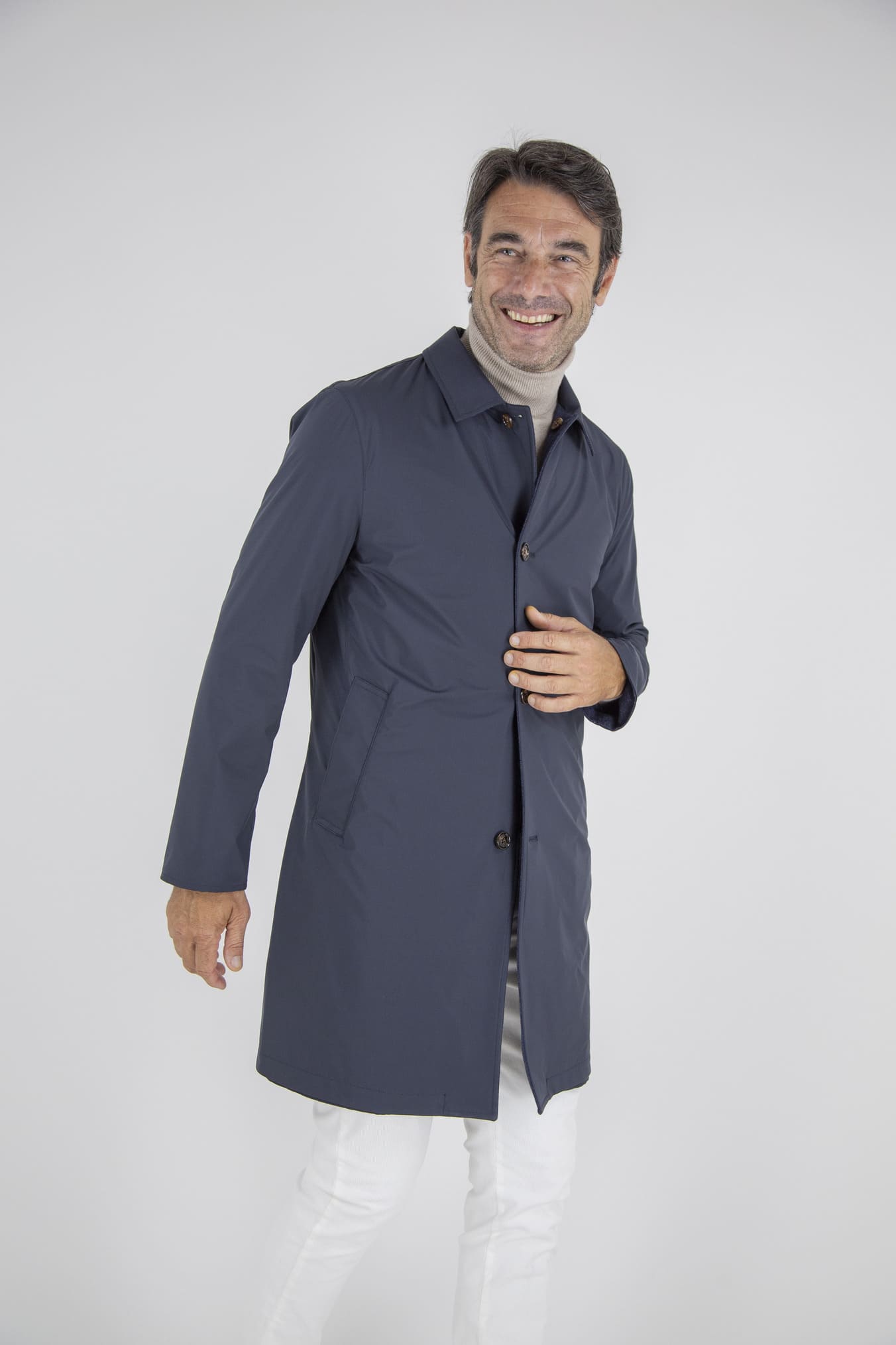 KIRED Cappotto Reversibile Lana Nylon Blu Spigato Grigio