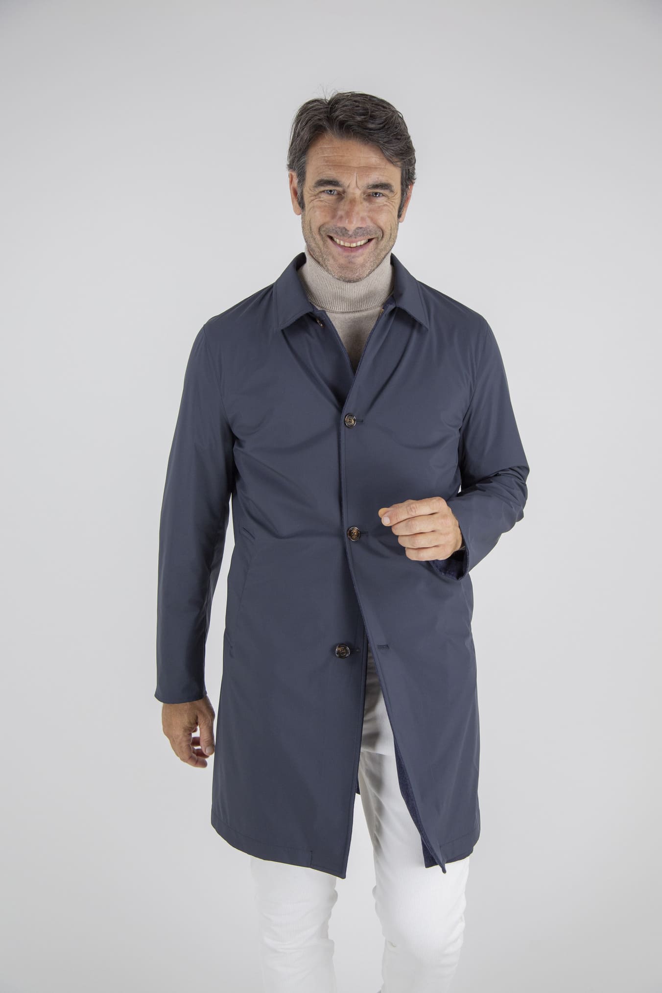 KIRED Cappotto Reversibile Lana Nylon Blu Spigato Grigio