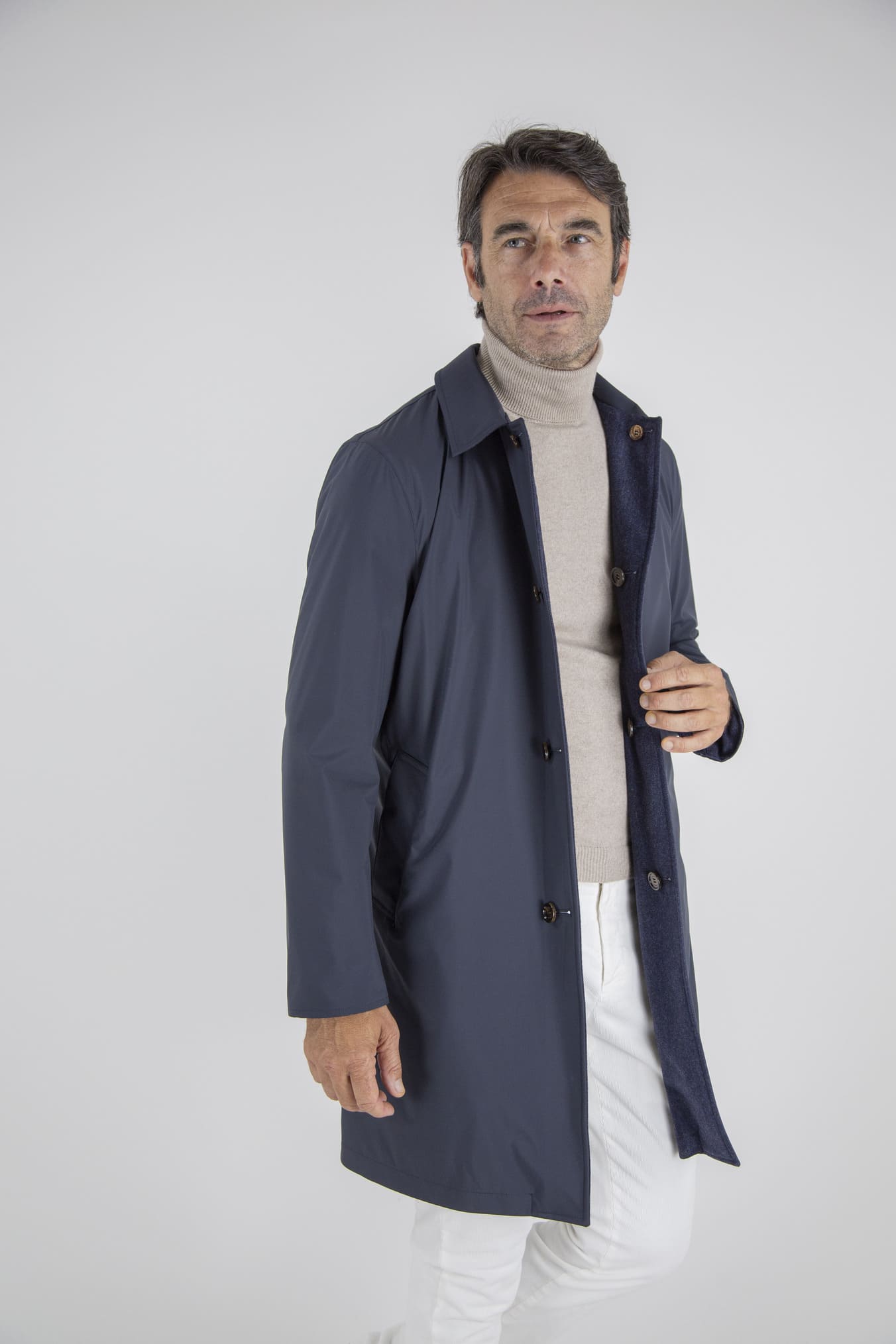 KIRED Cappotto Reversibile Lana Nylon Blu Spigato Grigio