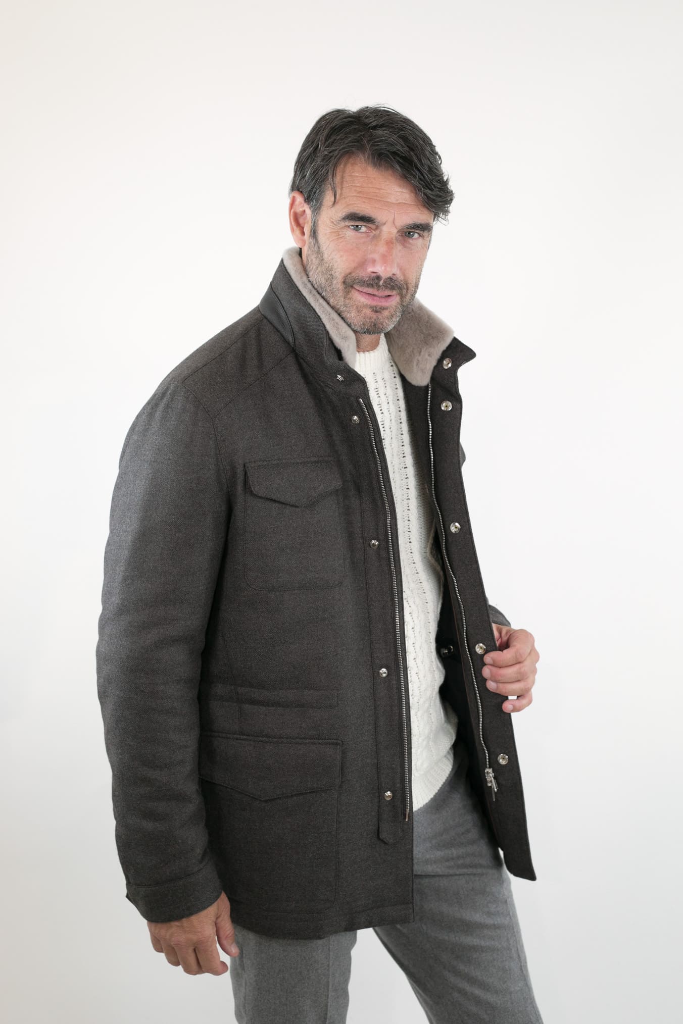 MANDELLI Field Jacket Lana Cashmere Tessuto Loro Piana Collo Visone Marrone