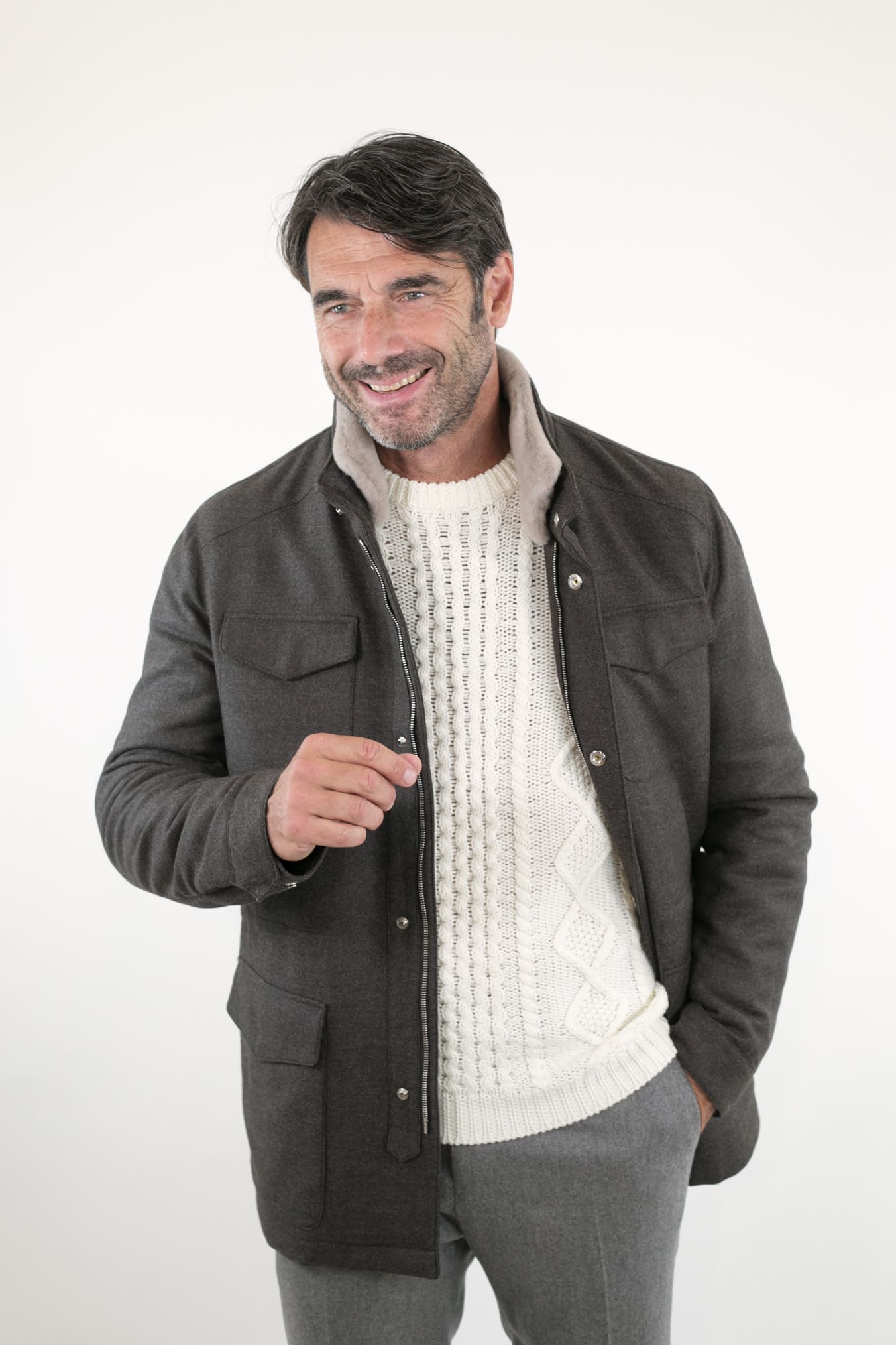 MANDELLI Field Jacket Lana Cashmere Tessuto Loro Piana Collo Visone Marrone