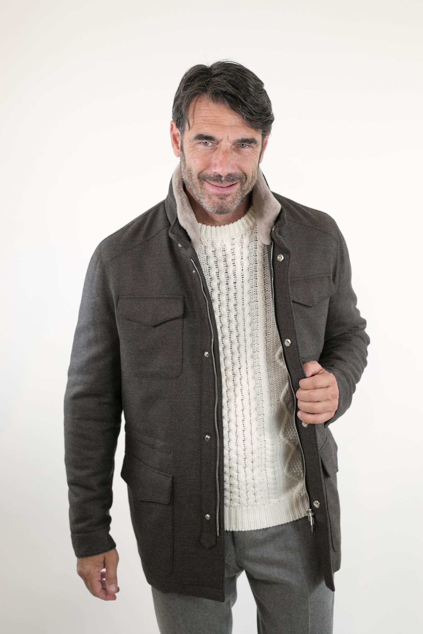 MANDELLI Field Jacket Lana Cashmere Tessuto Loro Piana Collo Visone Marrone