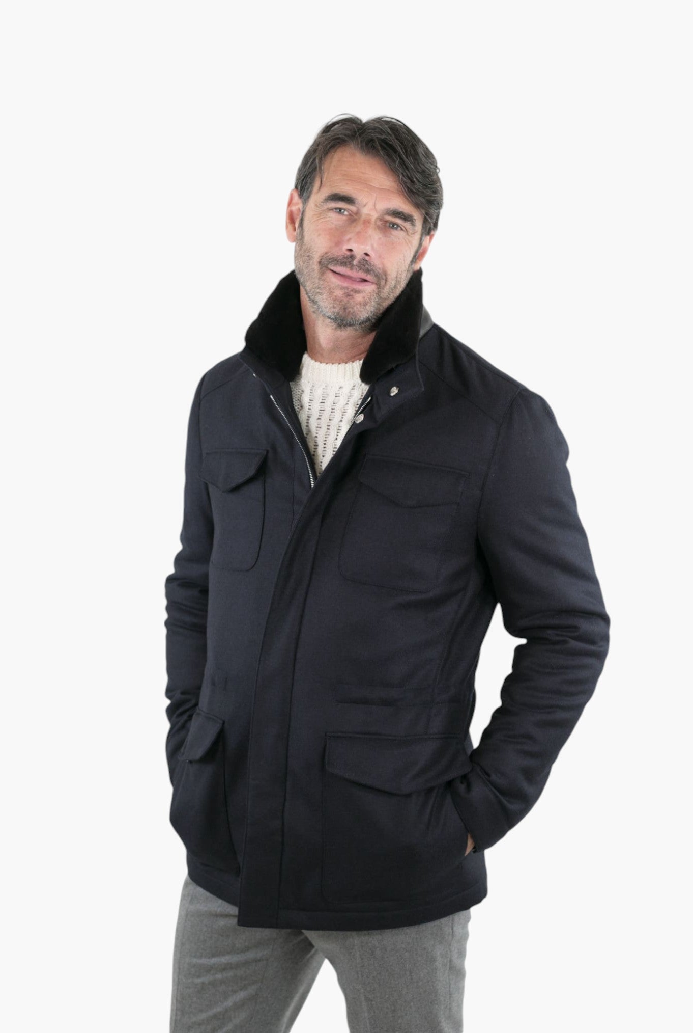 Field Jacket Lana Cashmere Tessuto Loro Piana Collo Visone Blu Scuro