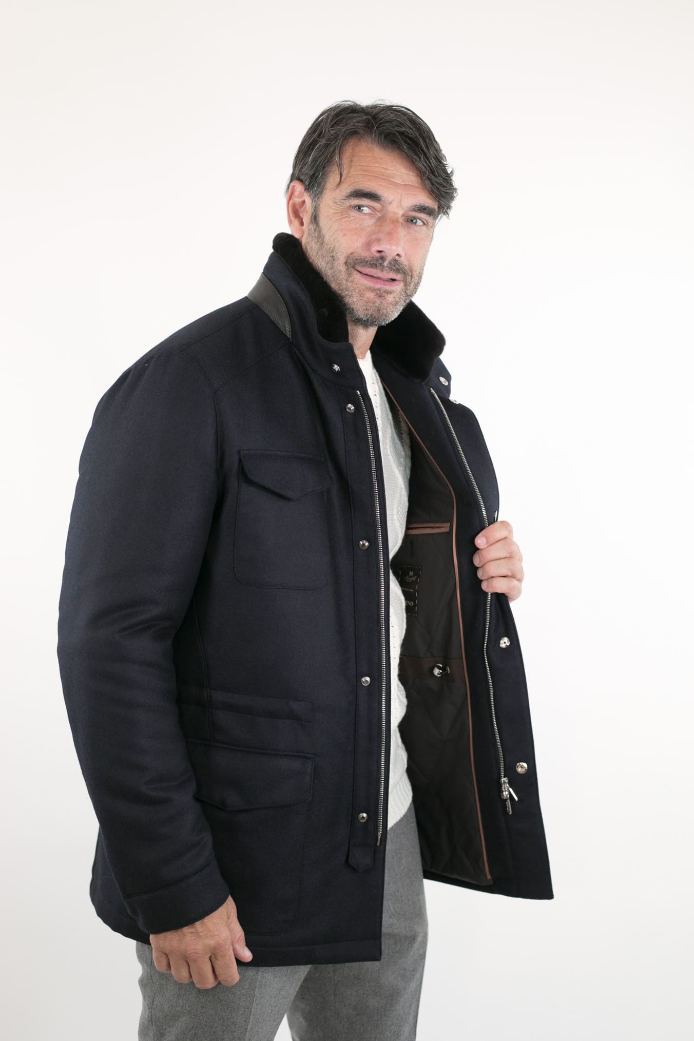 Field Jacket Lana Cashmere Tessuto Loro Piana Collo Visone Blu Scuro