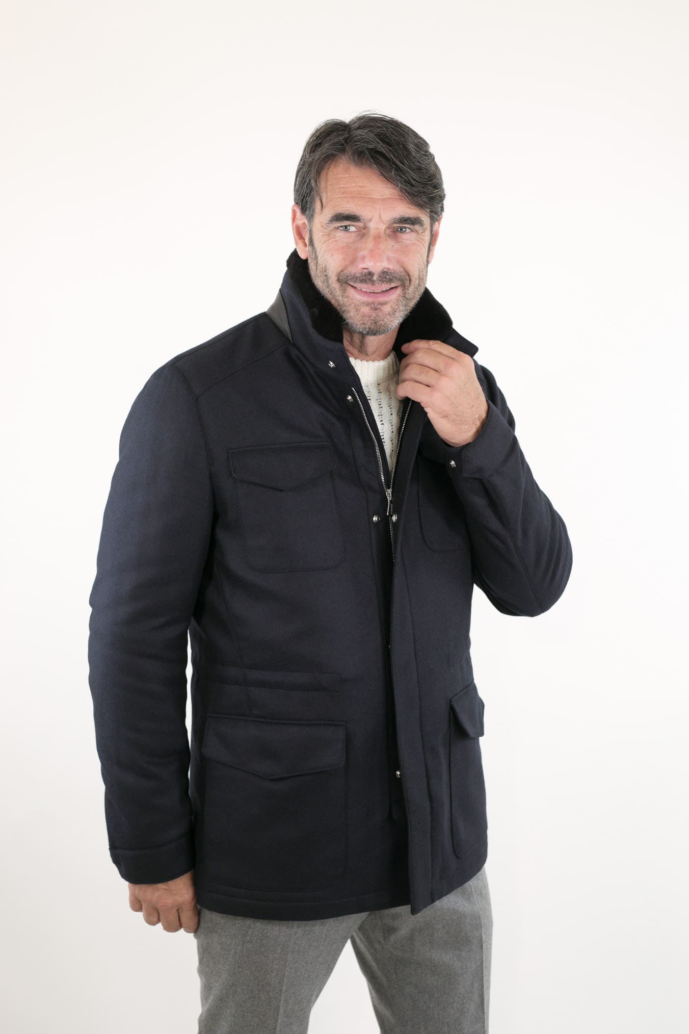 Field Jacket Lana Cashmere Tessuto Loro Piana Collo Visone Blu Scuro