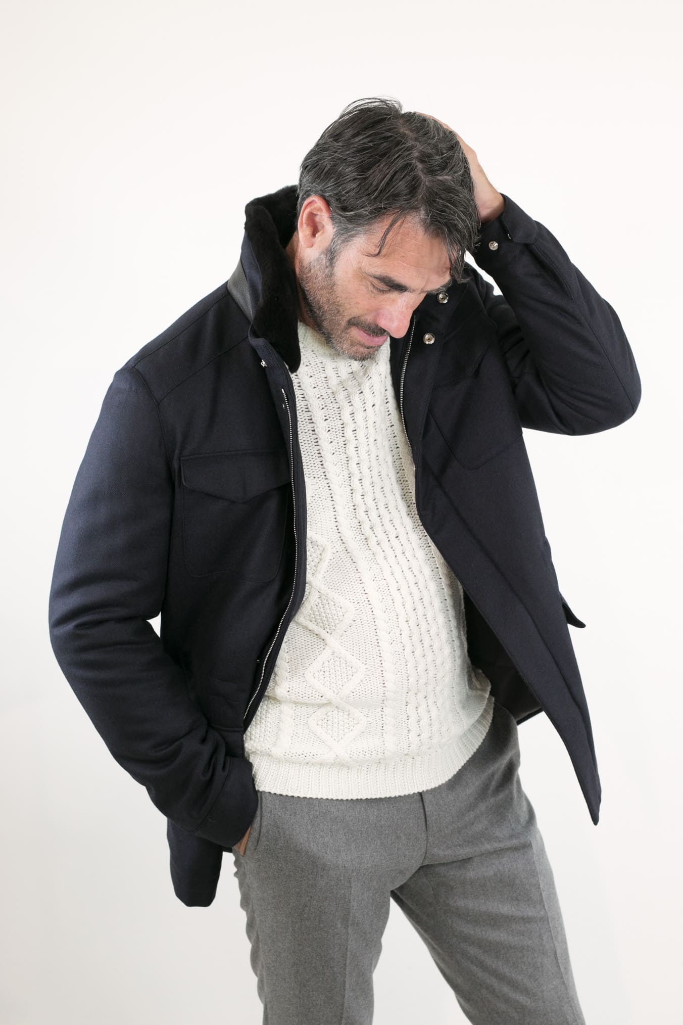 Field Jacket Lana Cashmere Tessuto Loro Piana Collo Visone Blu Scuro