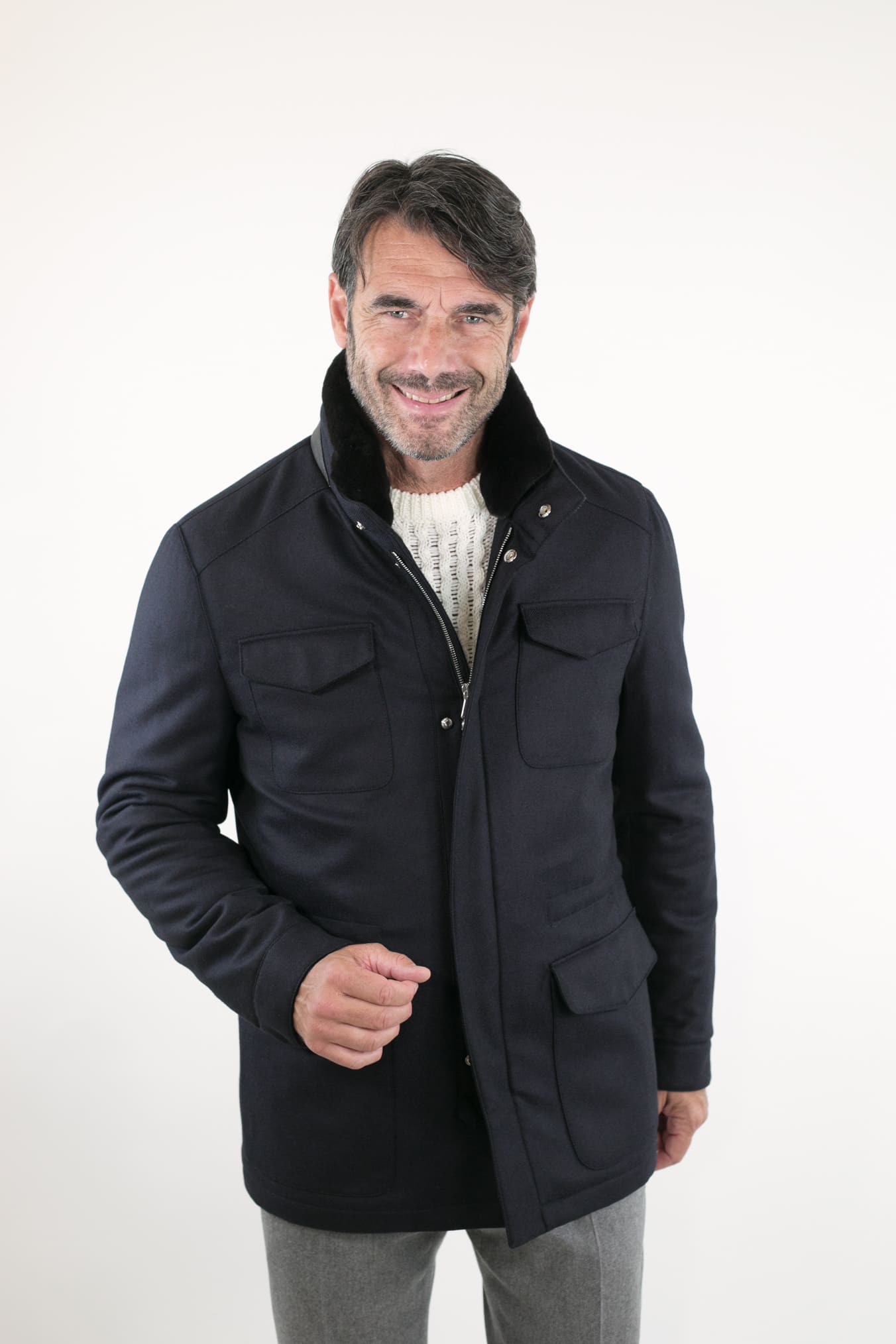 Field Jacket Lana Cashmere Tessuto Loro Piana Collo Visone Blu Scuro