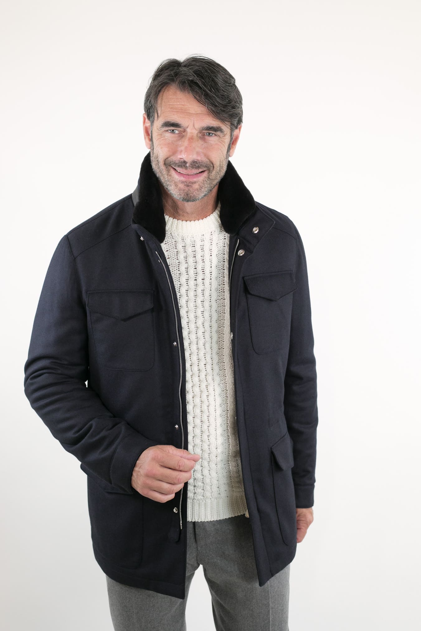 Field Jacket Lana Cashmere Tessuto Loro Piana Collo Visone Blu Scuro