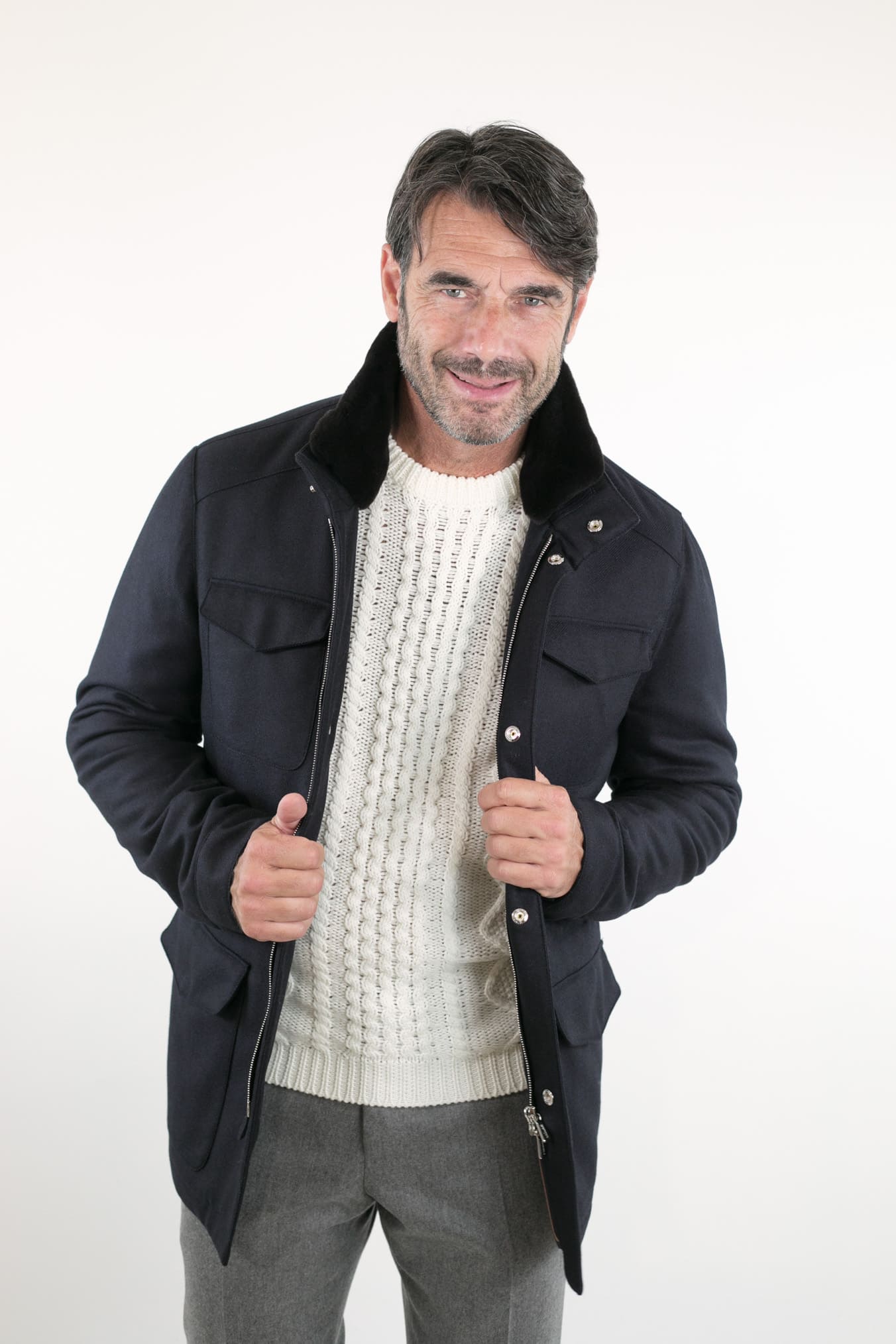 Field Jacket Lana Cashmere Tessuto Loro Piana Collo Visone Blu Scuro