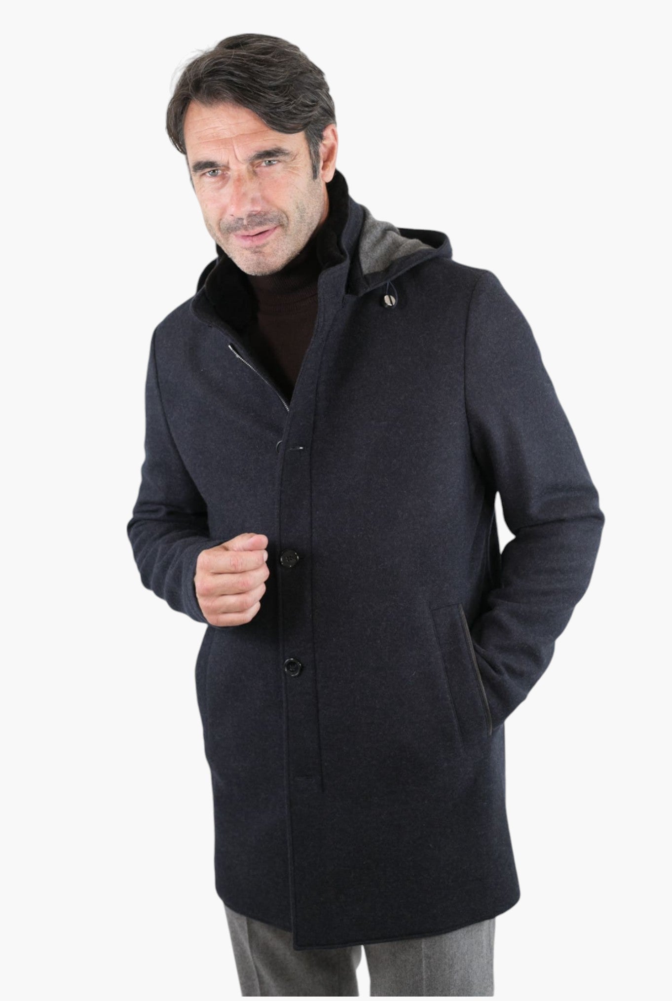 Cashmere Jersey Coat Removable Hood Blue