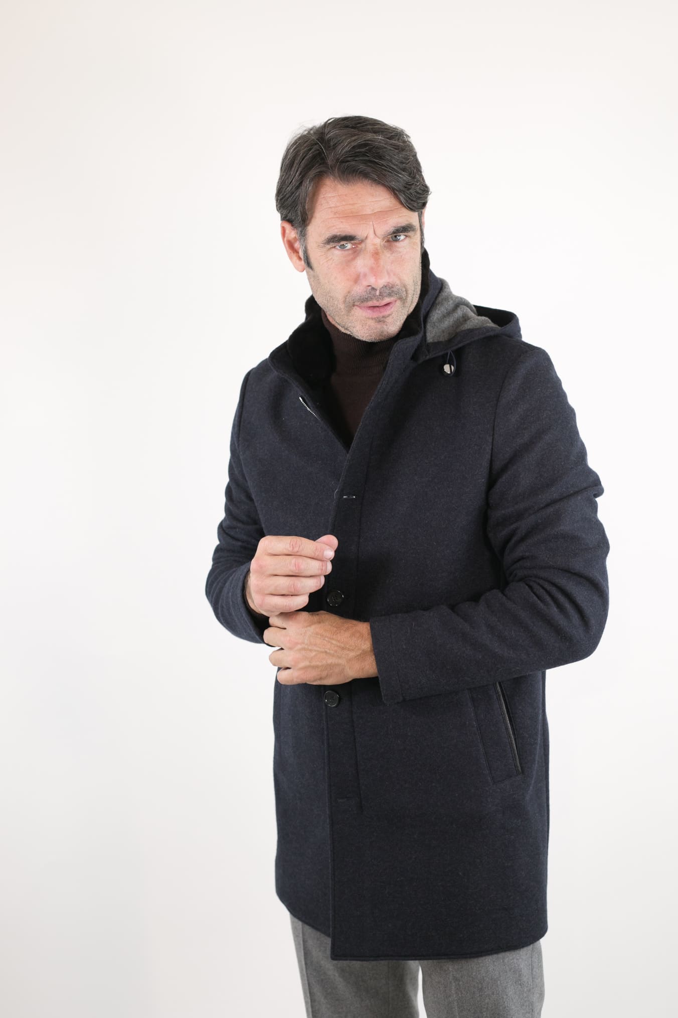 Cappotto in Jersey di Cashmere Cappuccio Removibile Blu