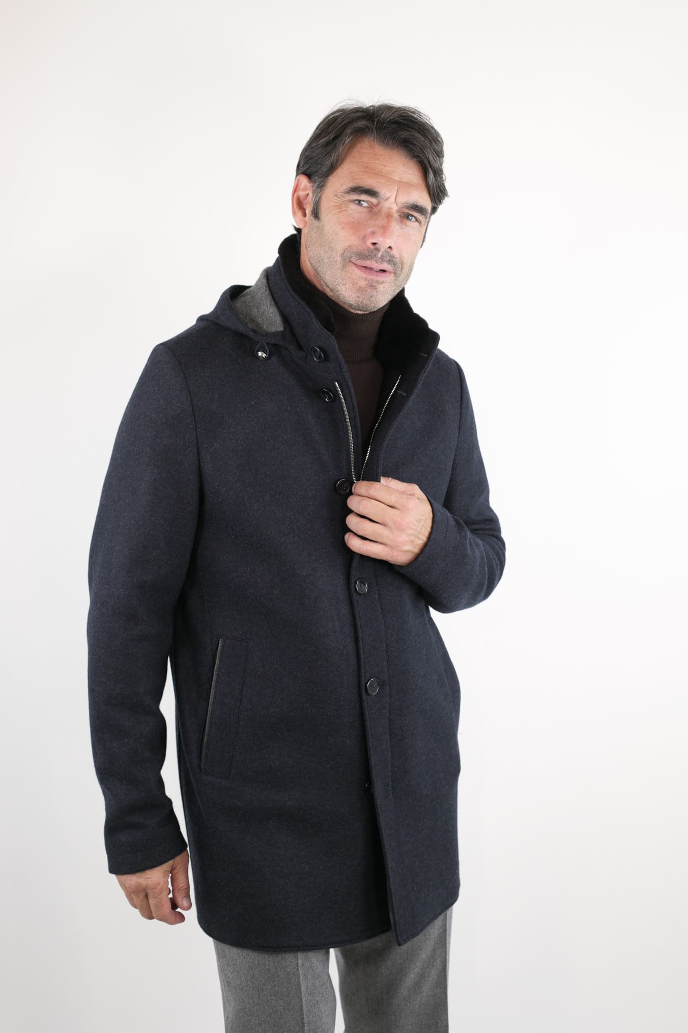 Cappotto in Jersey di Cashmere Cappuccio Removibile Blu