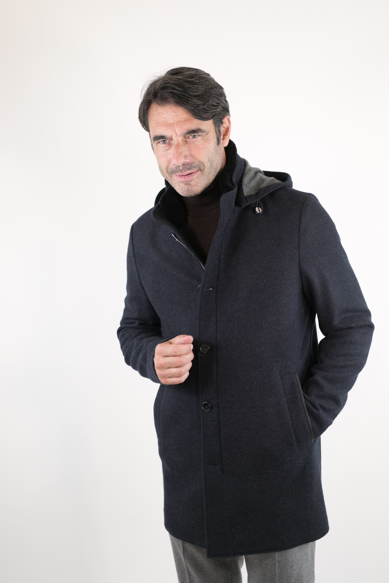 Cappotto in Jersey di Cashmere Cappuccio Removibile Blu