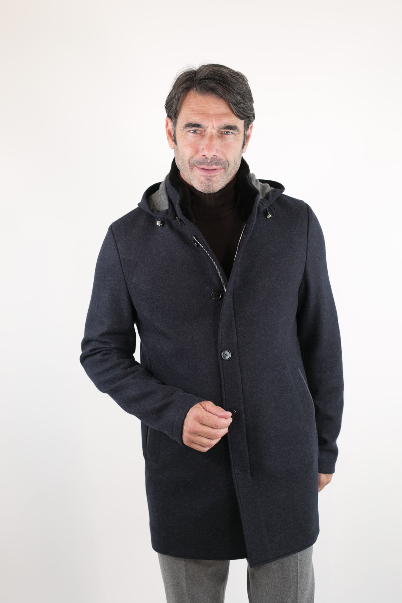 Cappotto in Jersey di Cashmere Cappuccio Removibile Blu