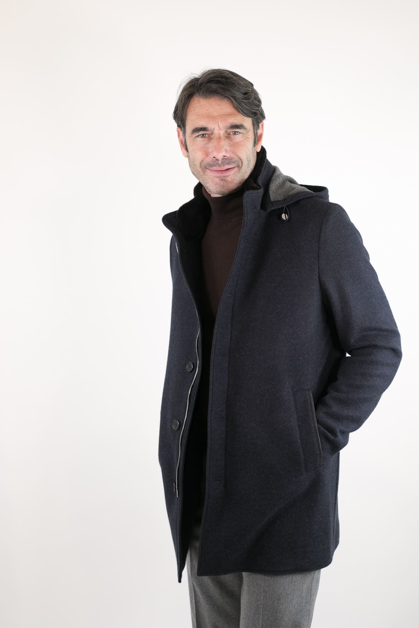 Cappotto in Jersey di Cashmere Cappuccio Removibile Blu