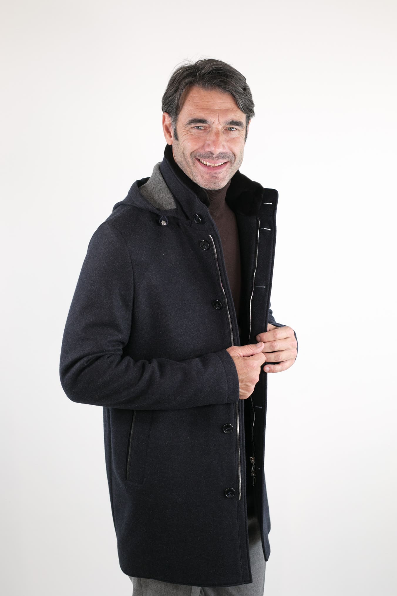 Cappotto in Jersey di Cashmere Cappuccio Removibile Blu