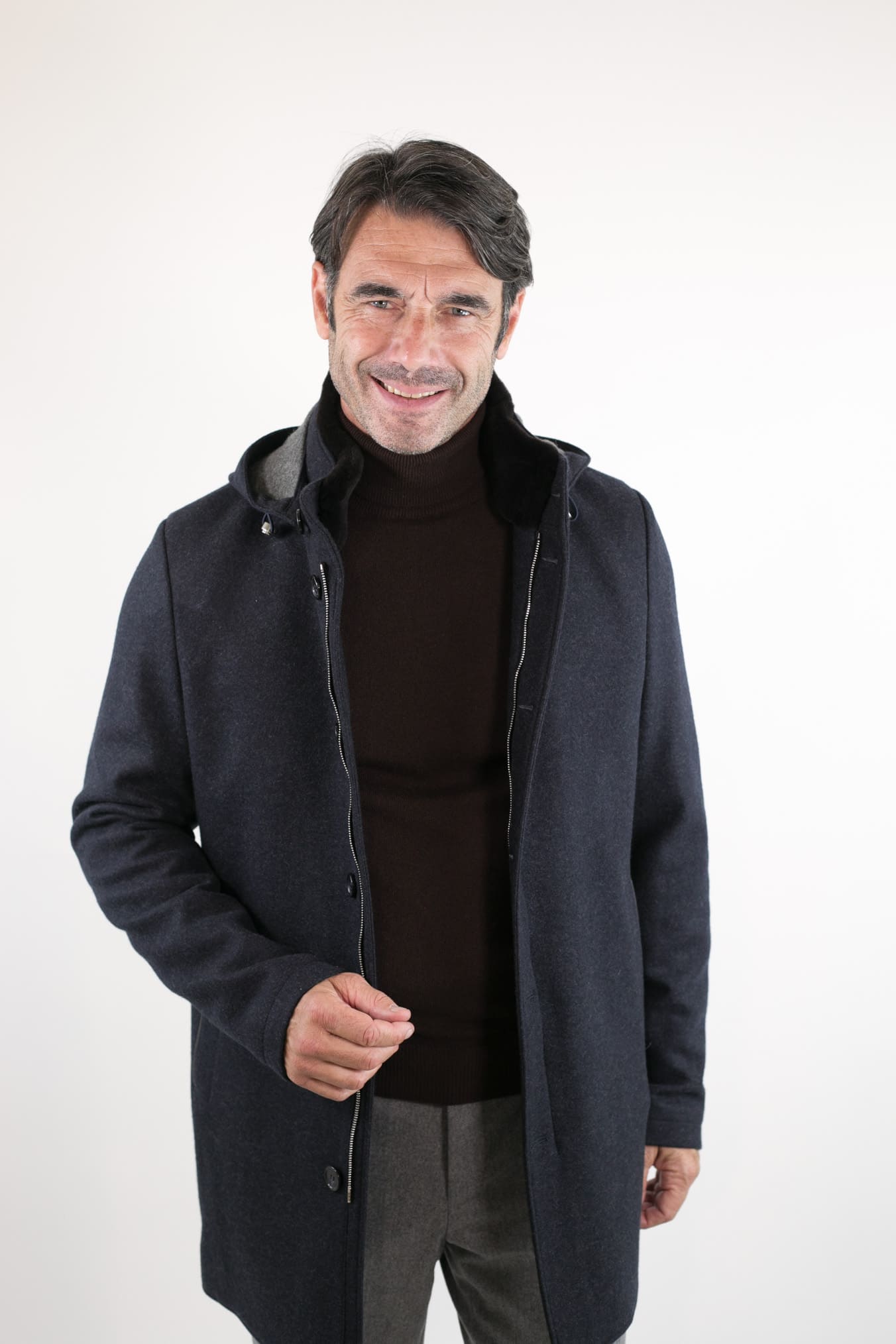 Cappotto in Jersey di Cashmere Cappuccio Removibile Blu