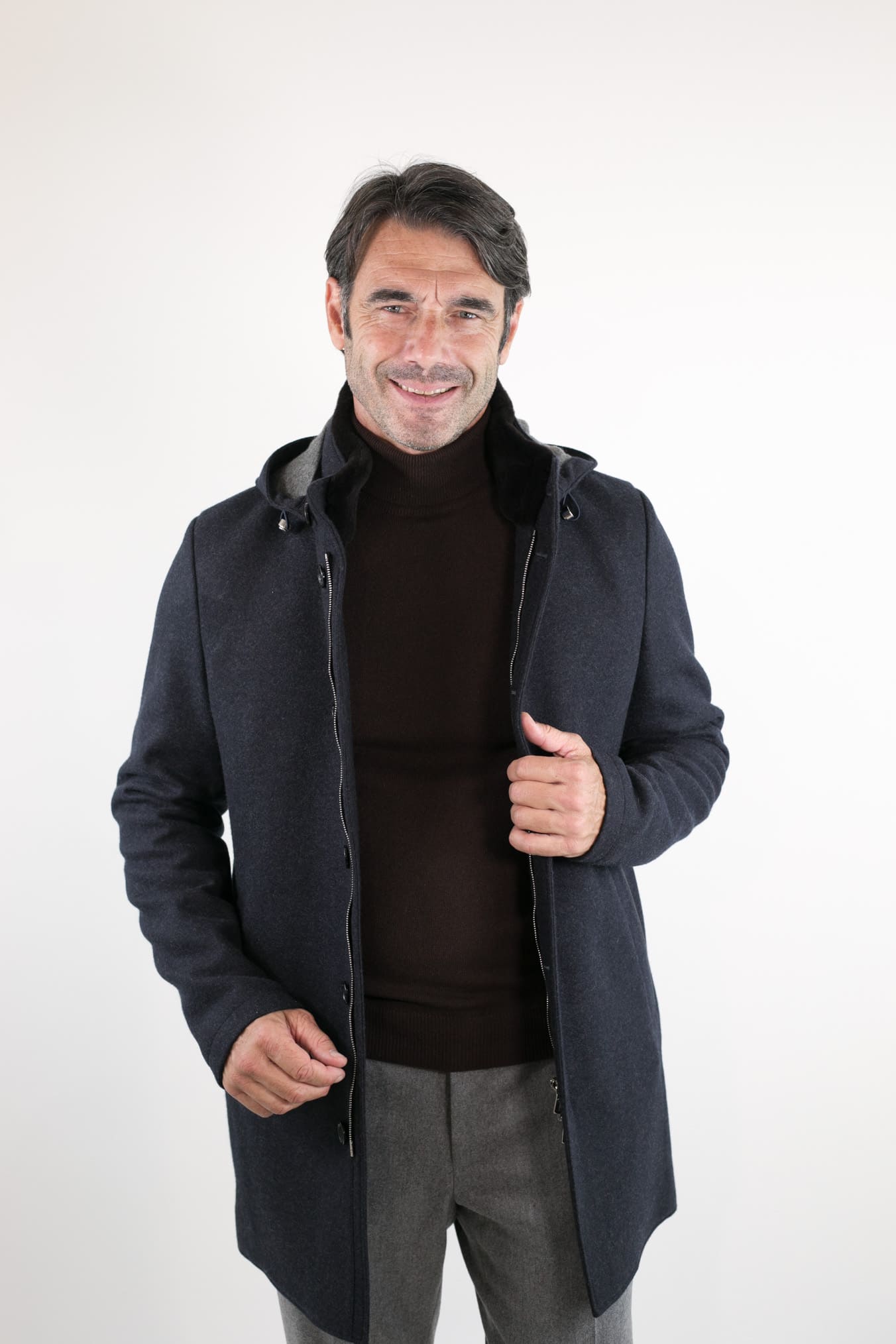 Cappotto in Jersey di Cashmere Cappuccio Removibile Blu