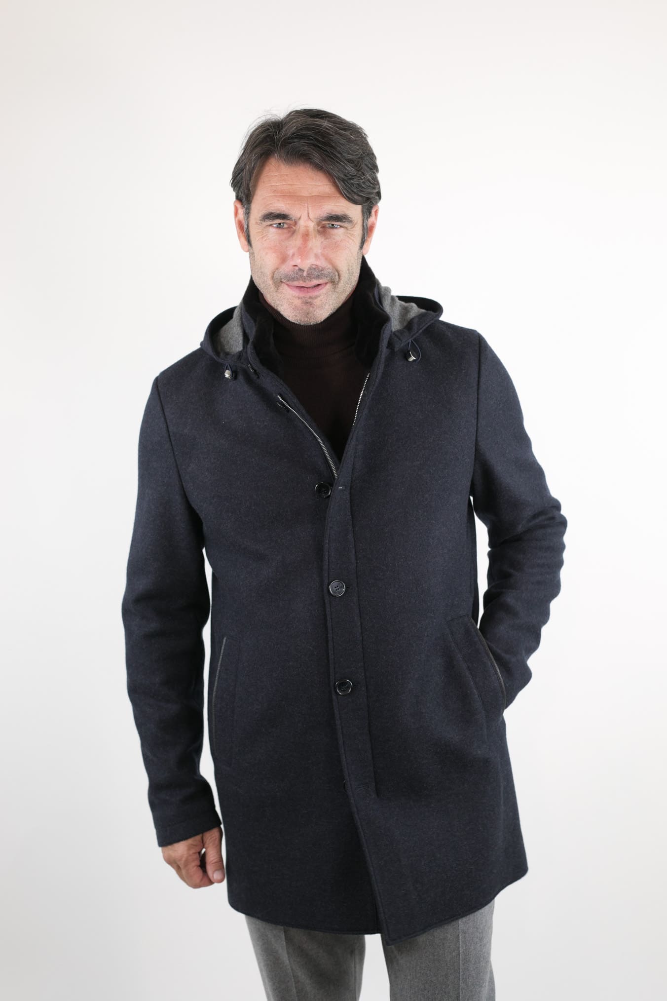 Cappotto in Jersey di Cashmere Cappuccio Removibile Blu