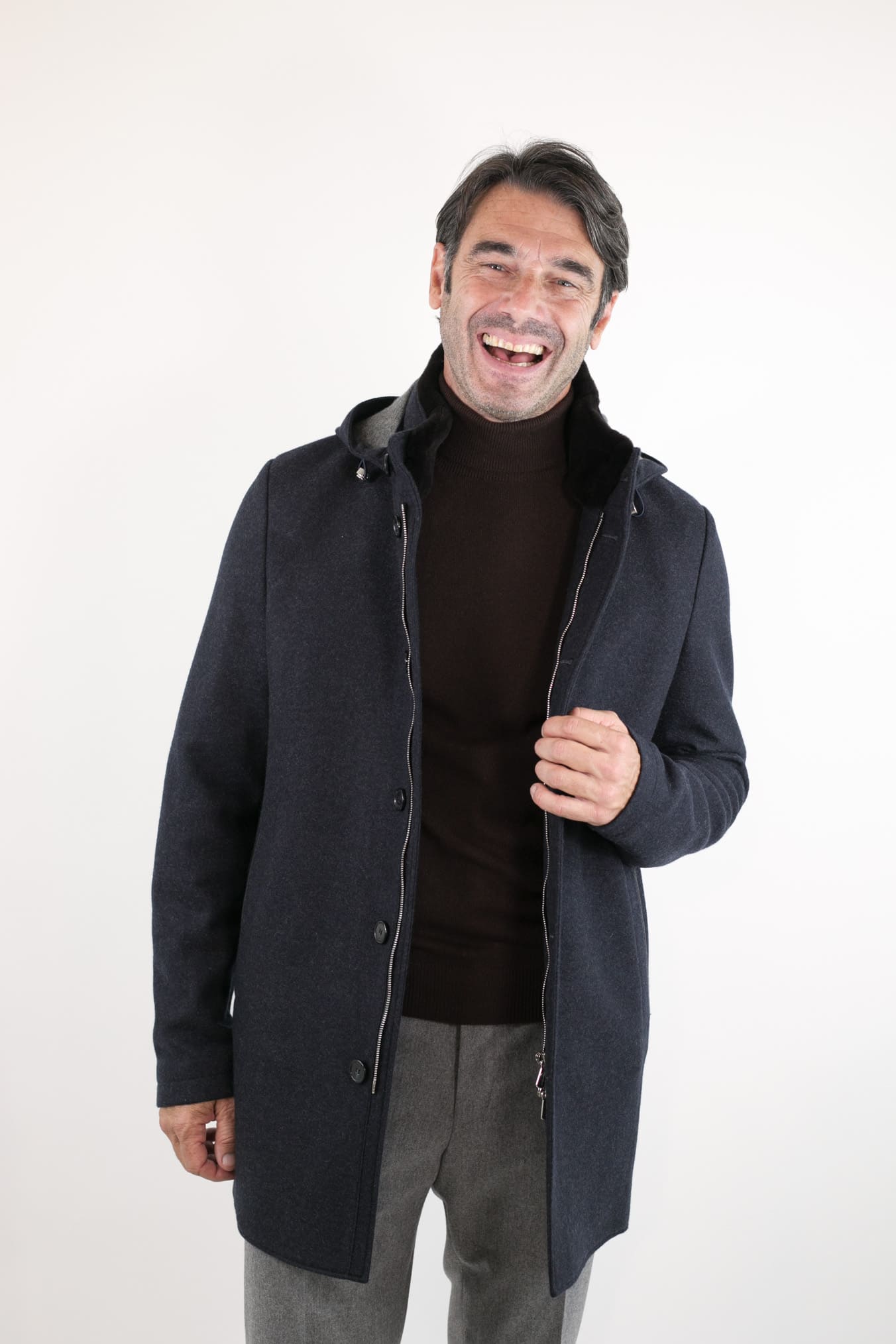 Cappotto in Jersey di Cashmere Cappuccio Removibile Blu