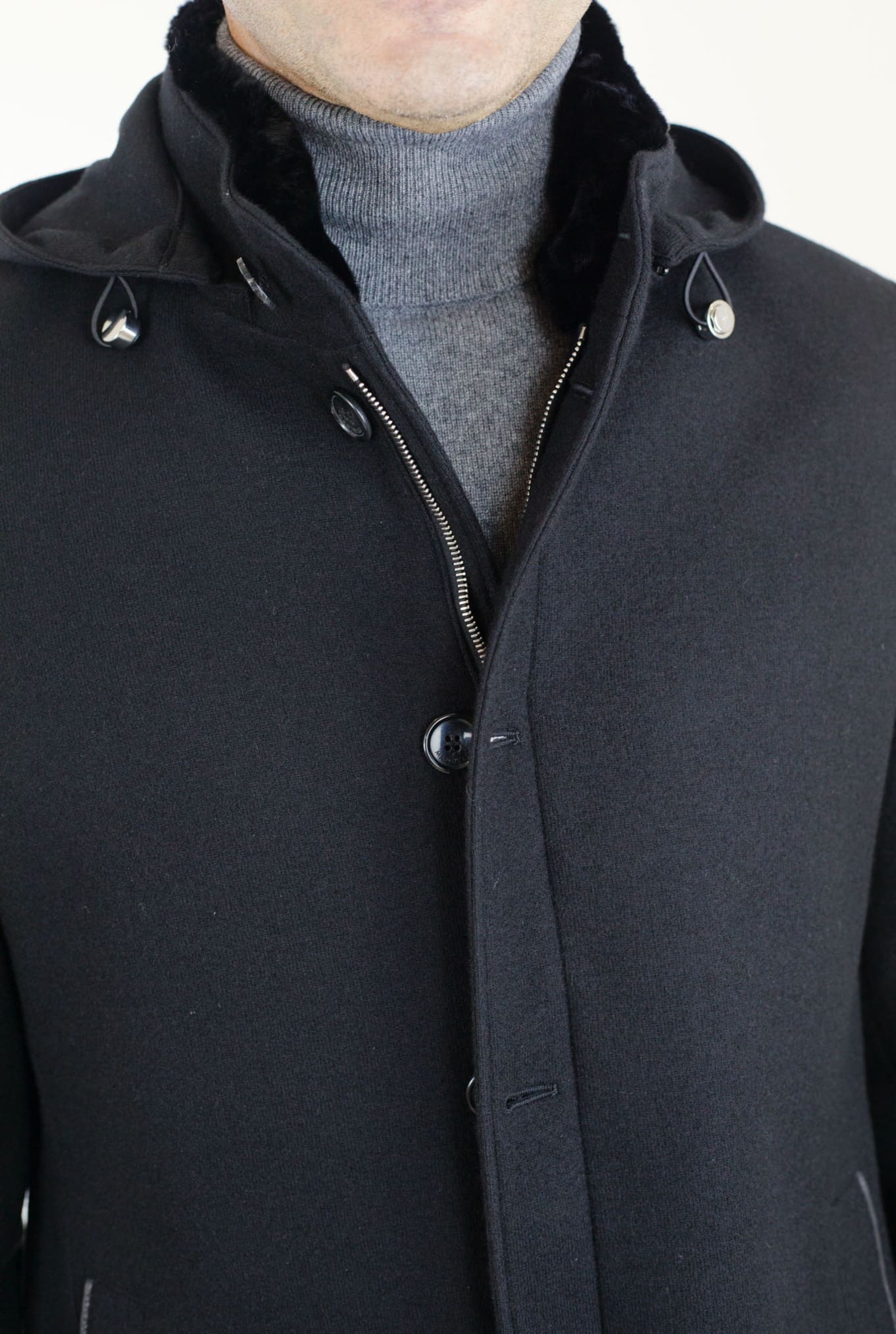 Cappotto in Jersey di Cashmere Cappuccio Removibile Nero