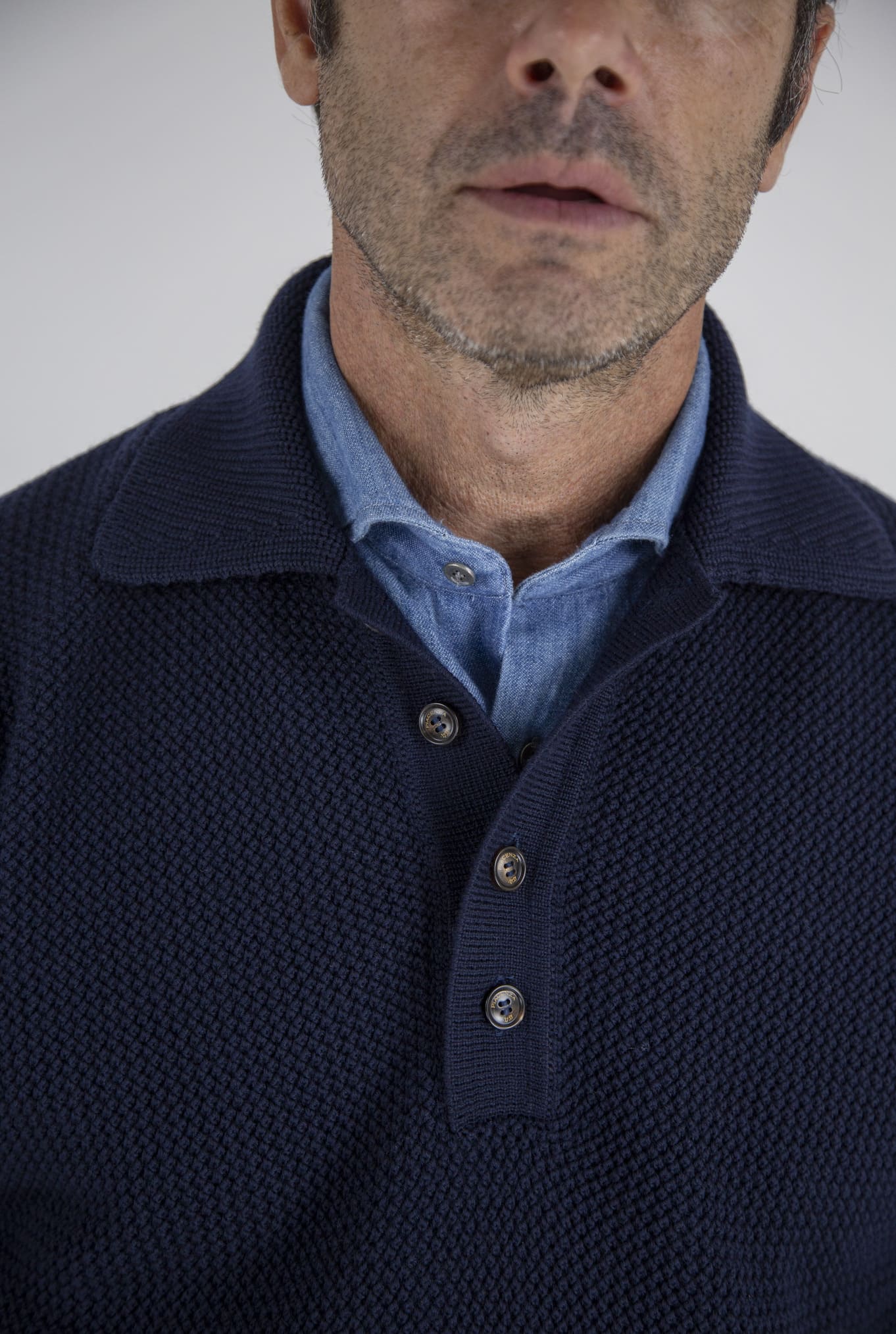 PIACENZA CASHMERE Navy Blue Long Sleeve Knit Polo